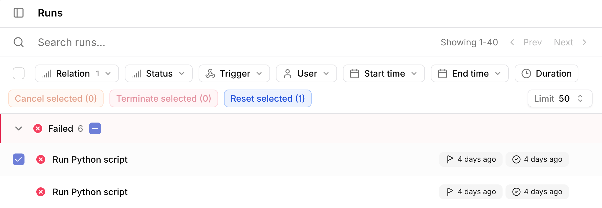 Reset terminate cancel runs