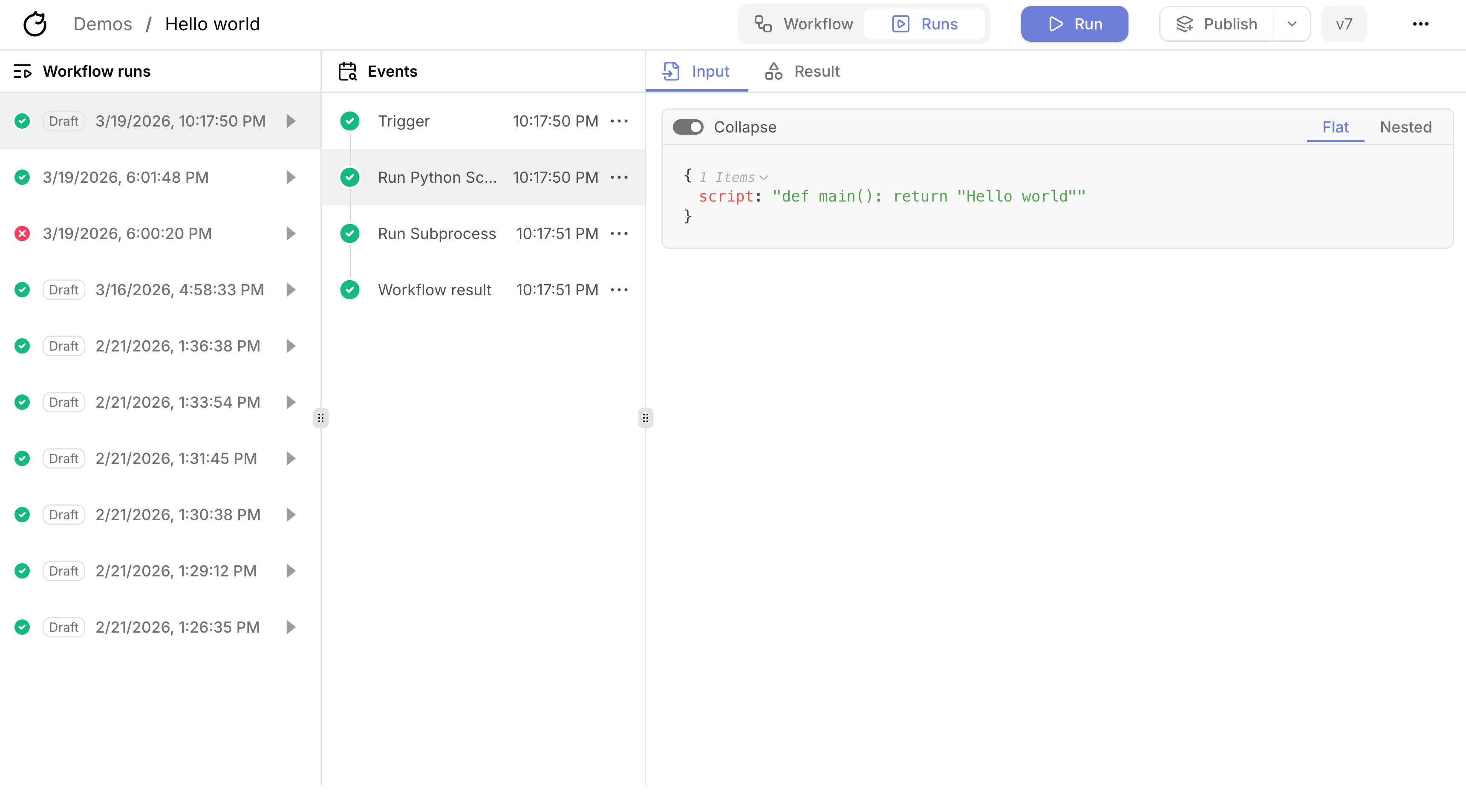 Workflow runs view