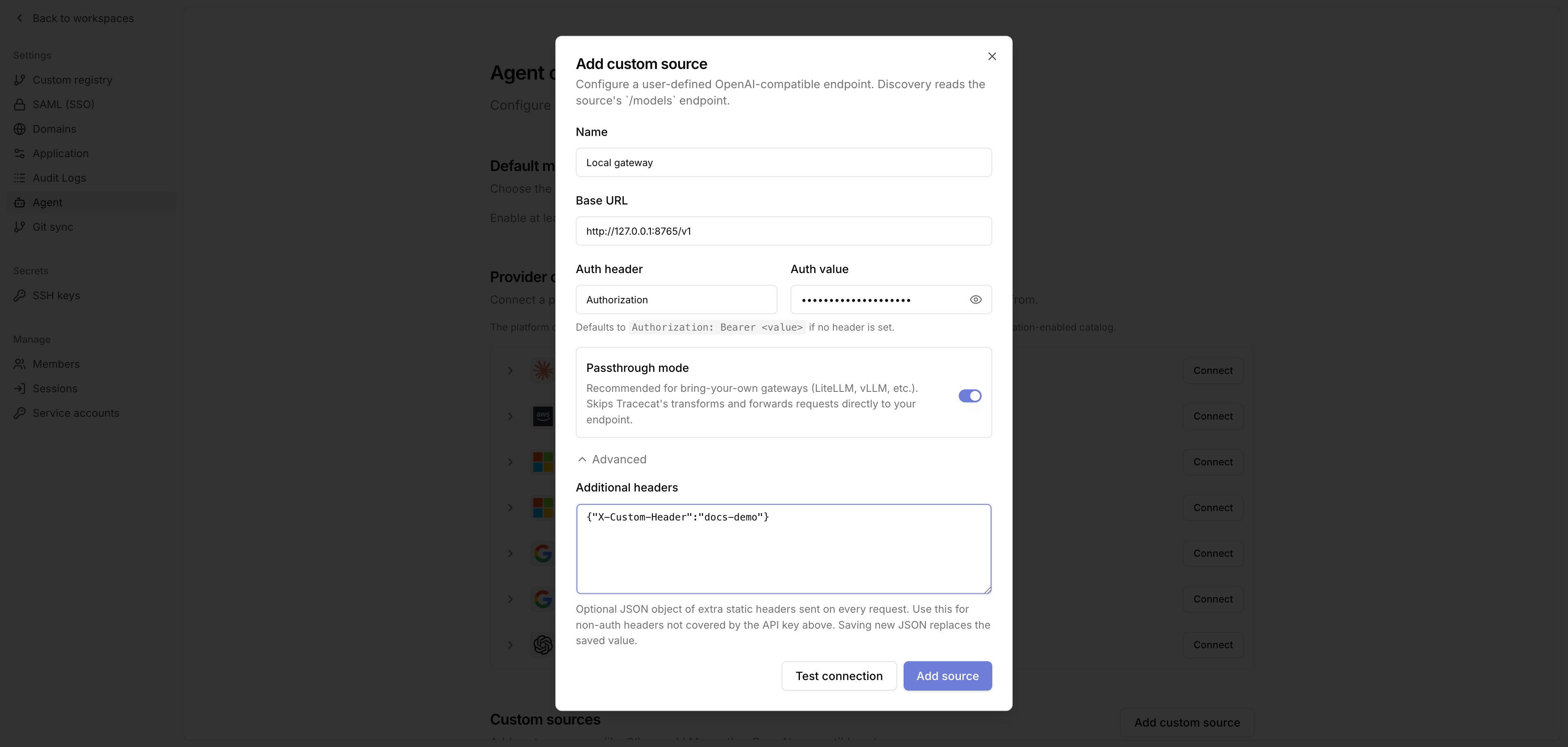 Add custom source dialog