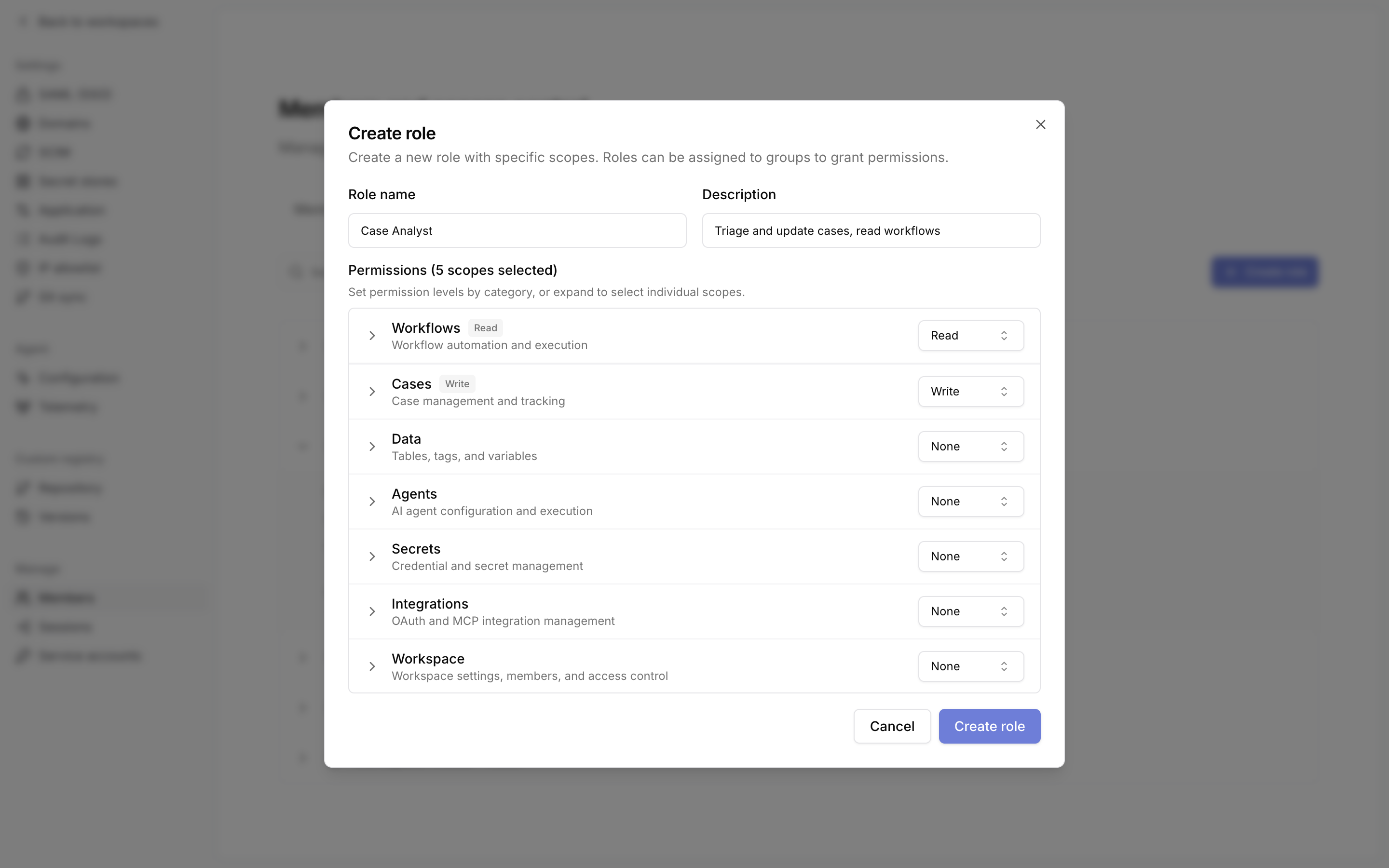 Create role dialog with read access to workflows and write access to cases