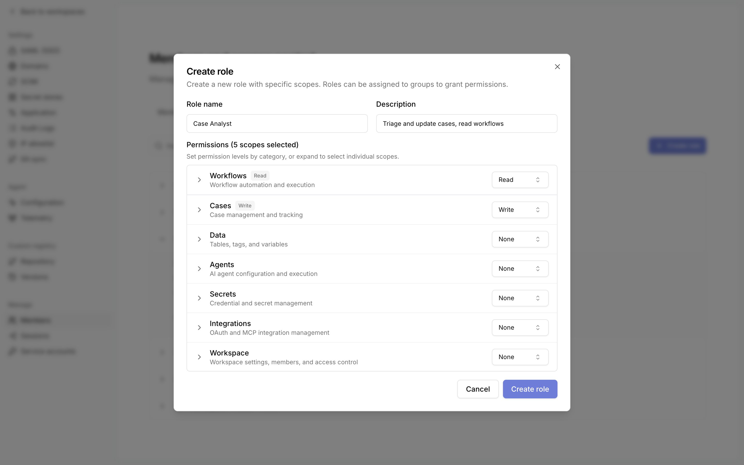 Create role dialog with read access to workflows and write access to cases