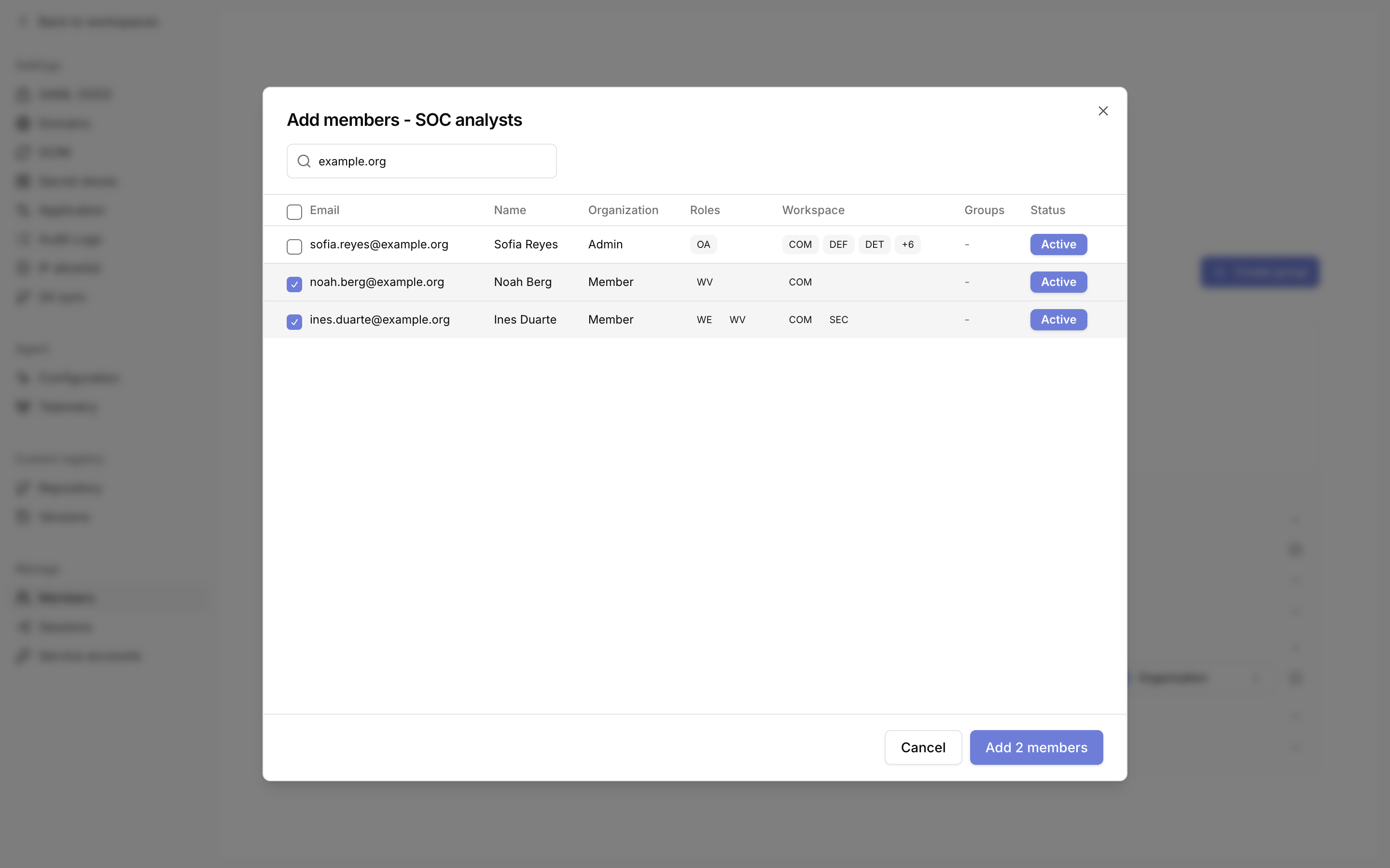 Add members dialog with two members selected