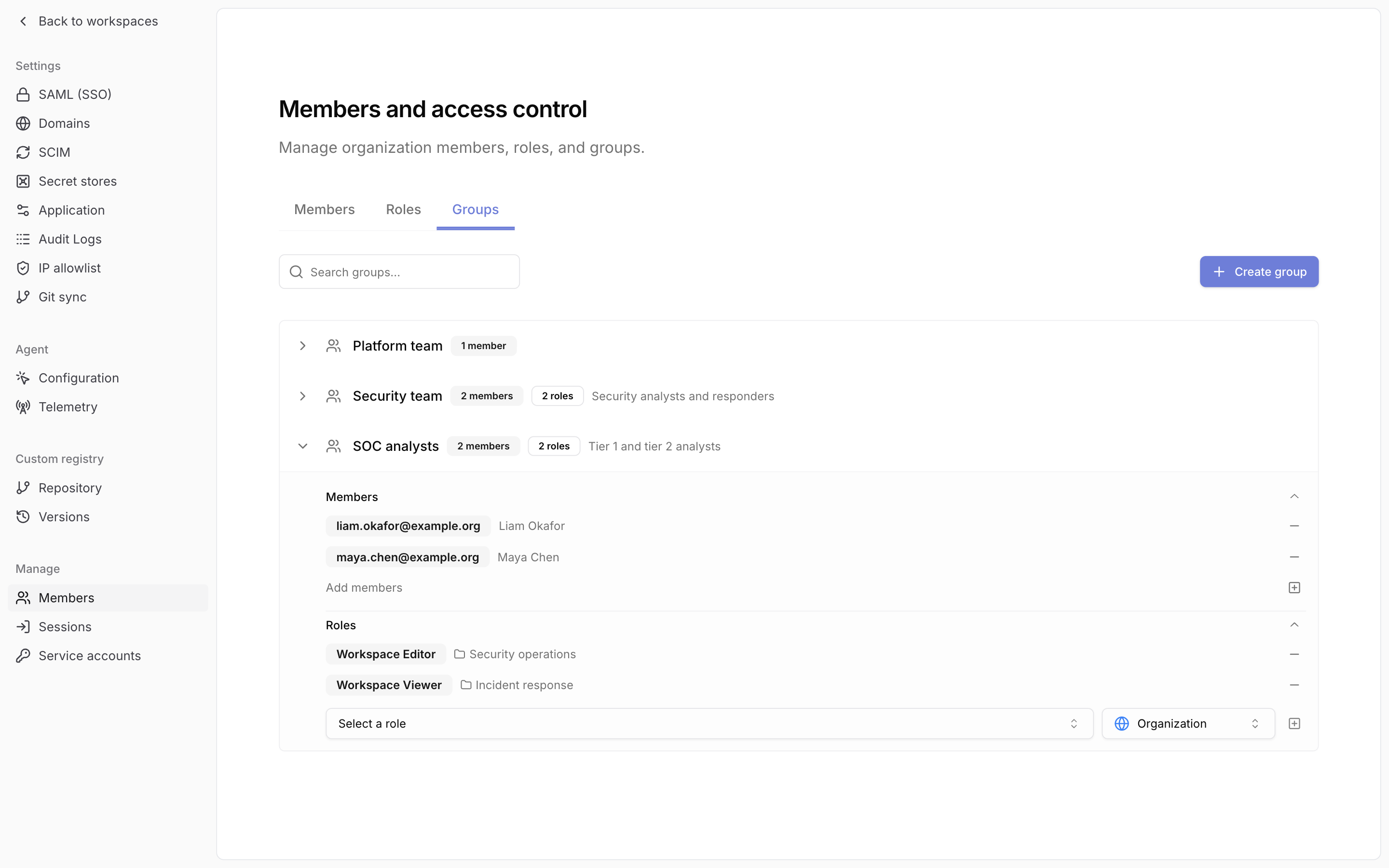 Groups tab with a group expanded to show its members and roles