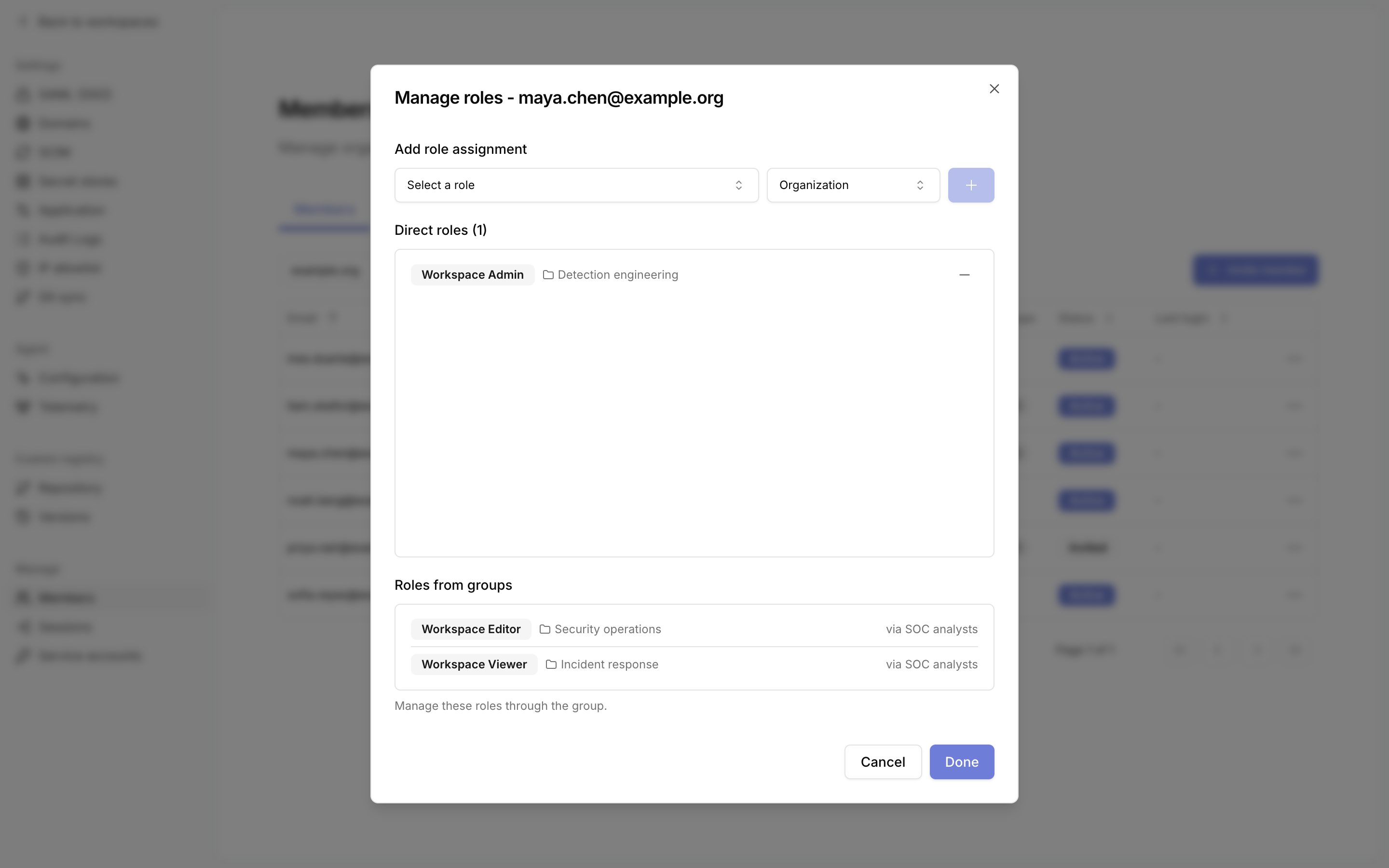 Manage roles dialog with a direct role and two roles from a group