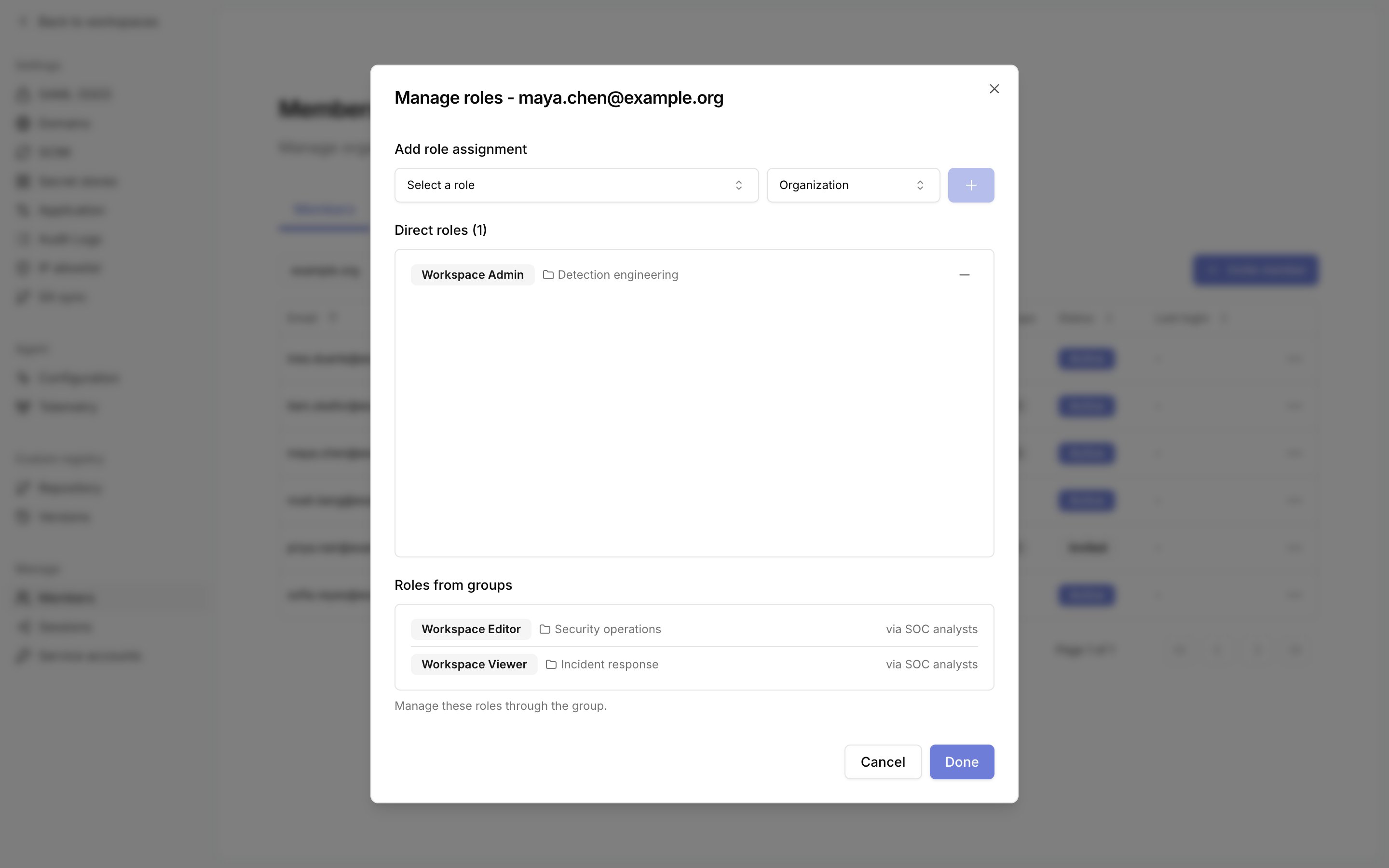 Manage roles dialog with a direct role and two roles from a group