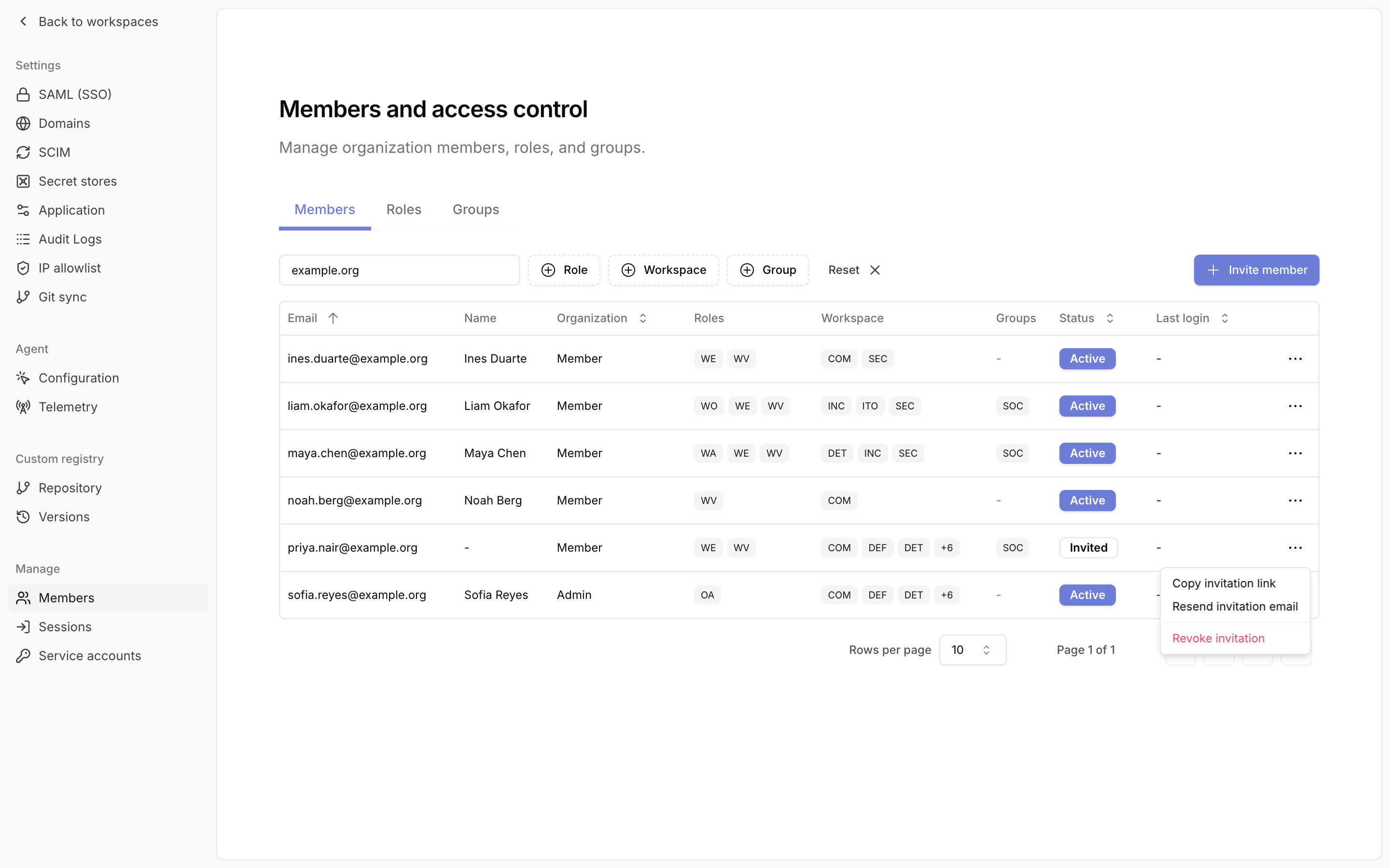 Invited member row menu with copy link, resend email, and revoke actions
