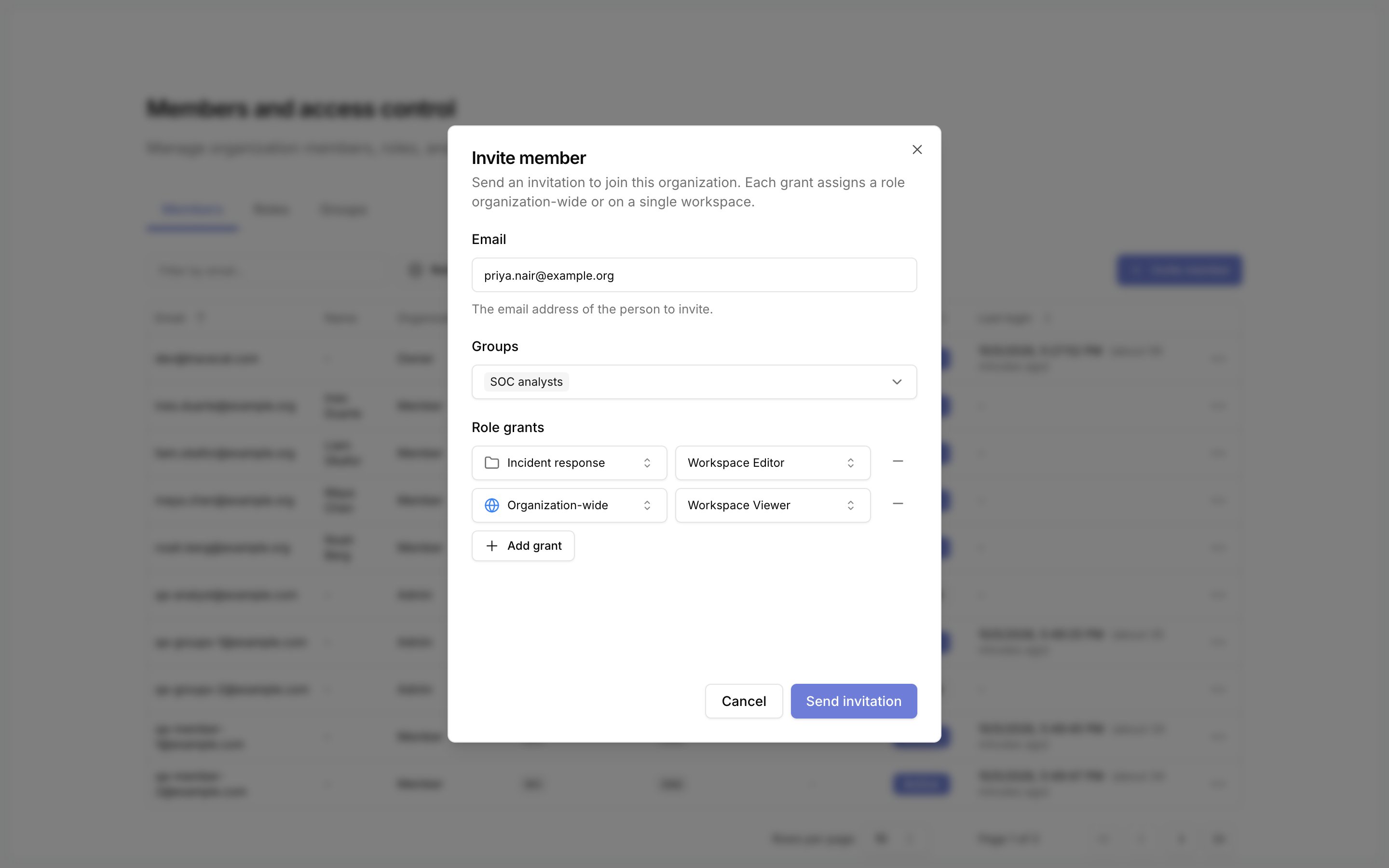 Invite member dialog with an email, a group, and two role grants