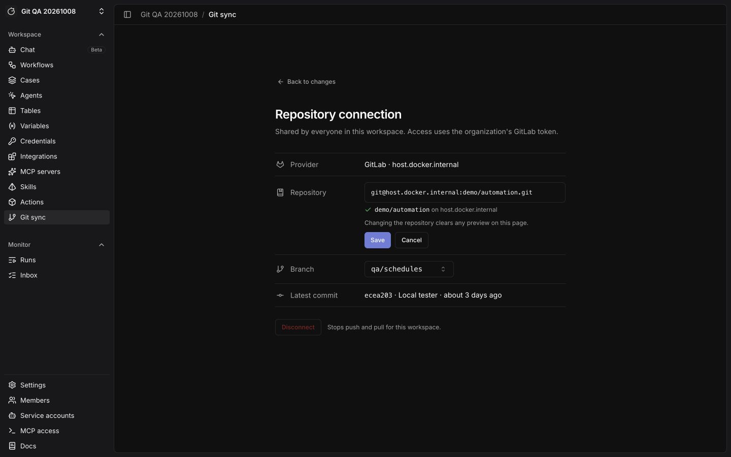 Repository connection editor with an SSH URL, branch selector, and disconnect action