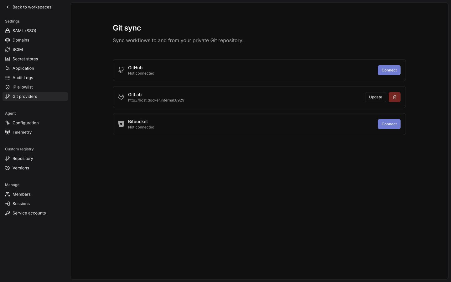 Organization Git providers with GitHub, GitLab, and Bitbucket connections