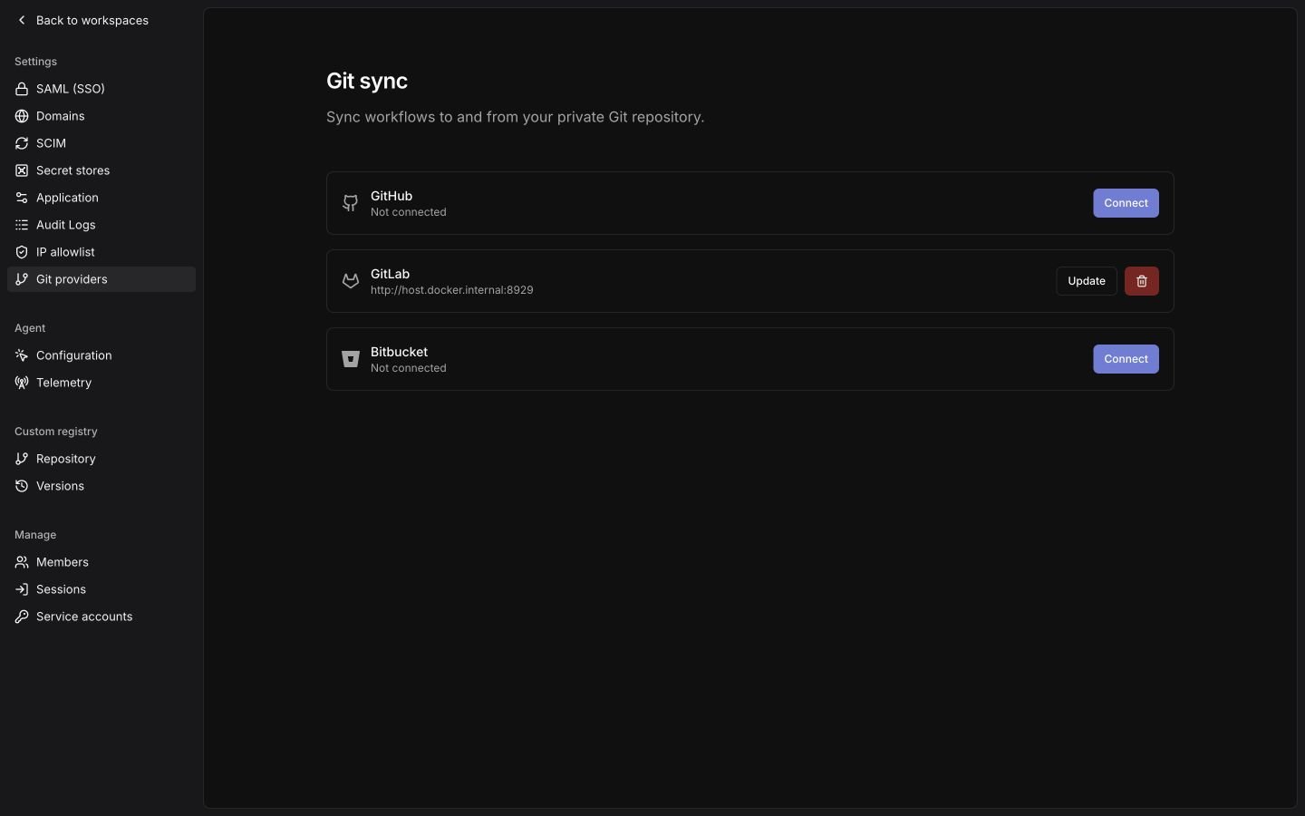 Organization Git providers with GitHub, GitLab, and Bitbucket connections