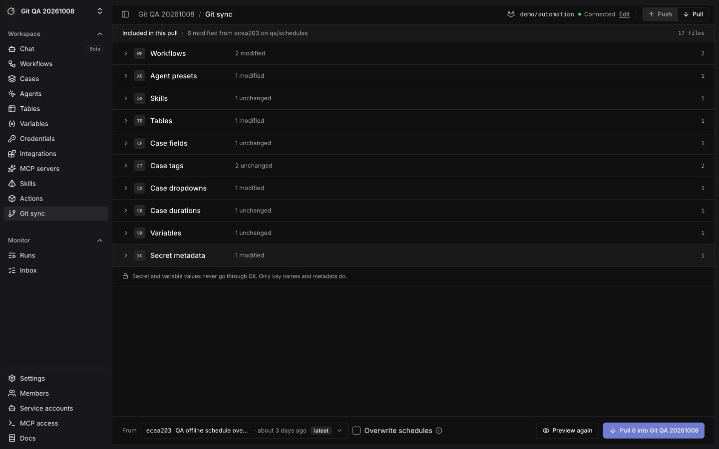 Git sync Pull tab with grouped changes, commit selector, and schedule-overwrite control