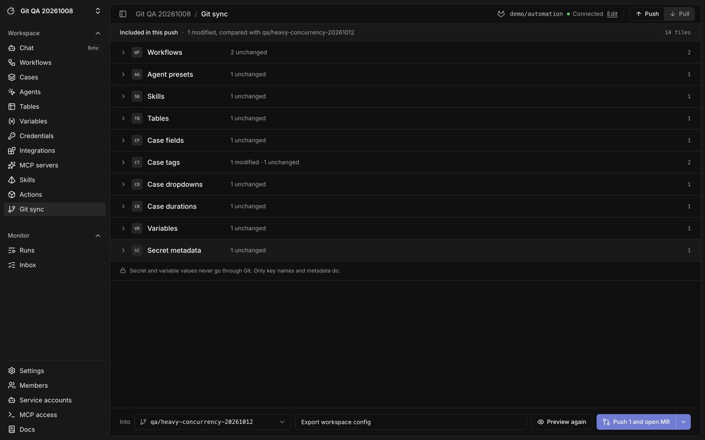 Git sync Push tab with grouped resource changes, target branch, and commit message