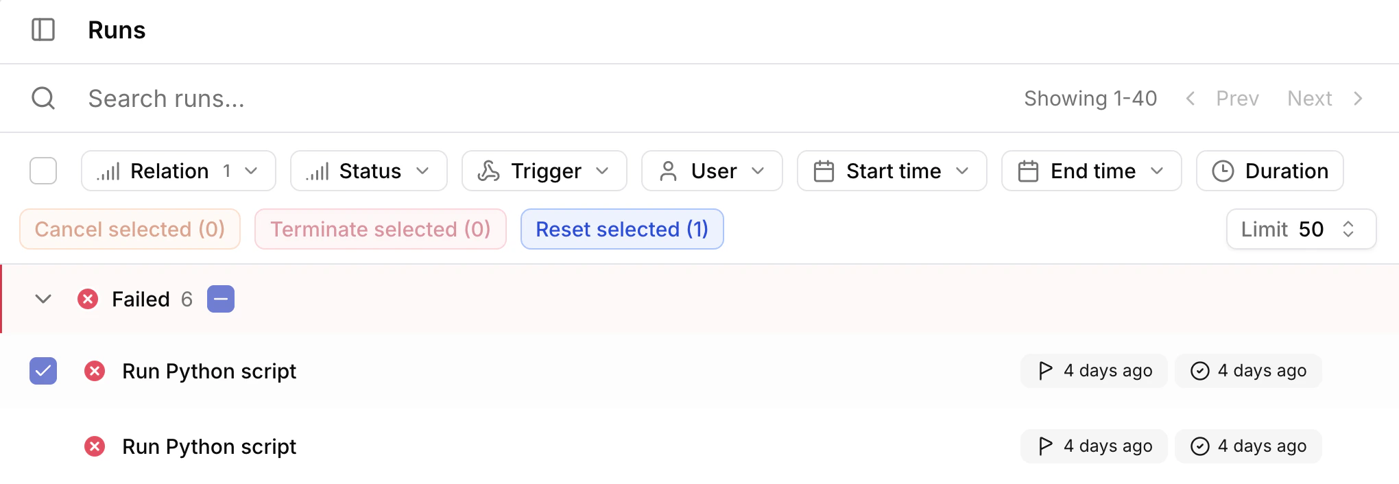 Reset terminate cancel runs