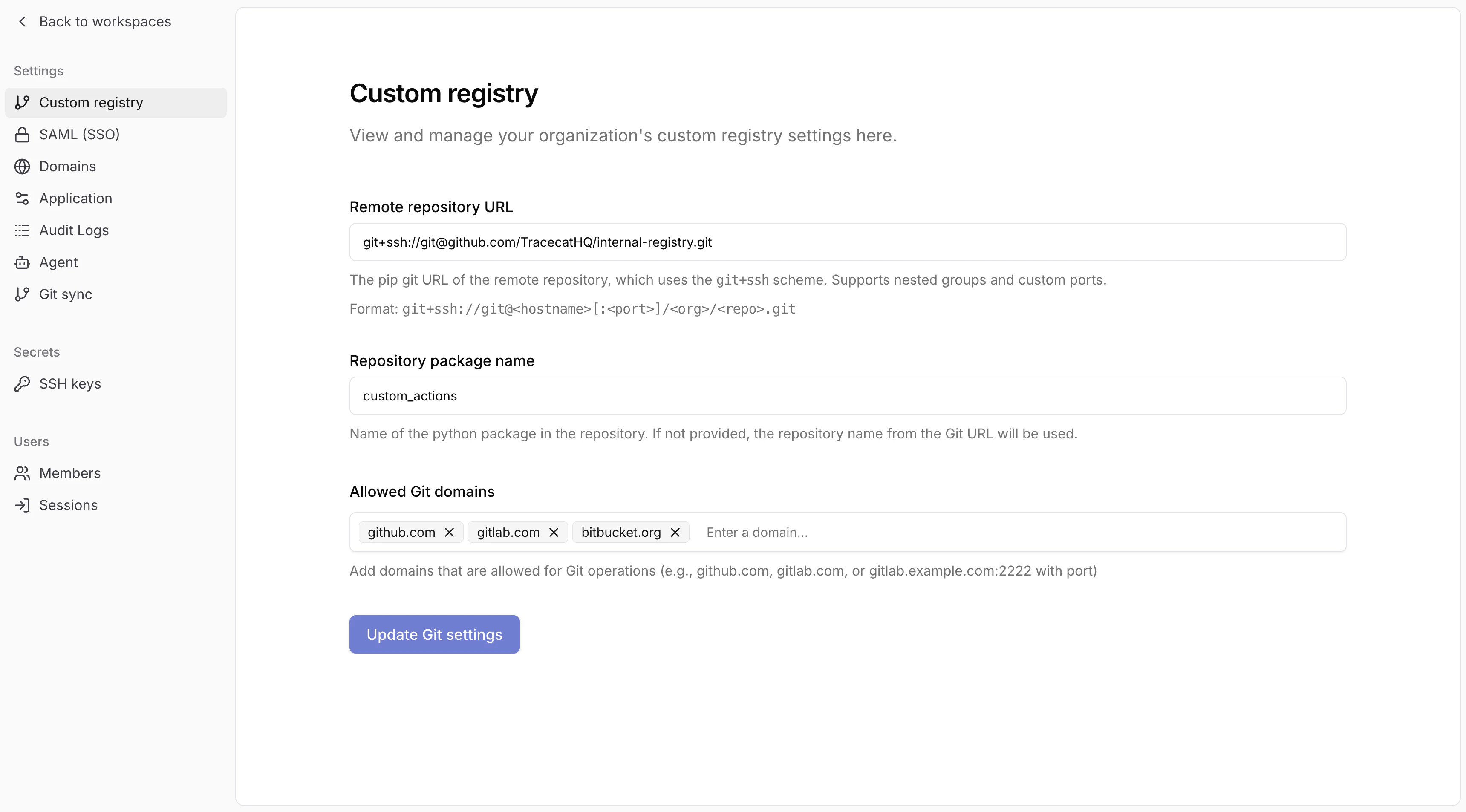 Custom registry settings