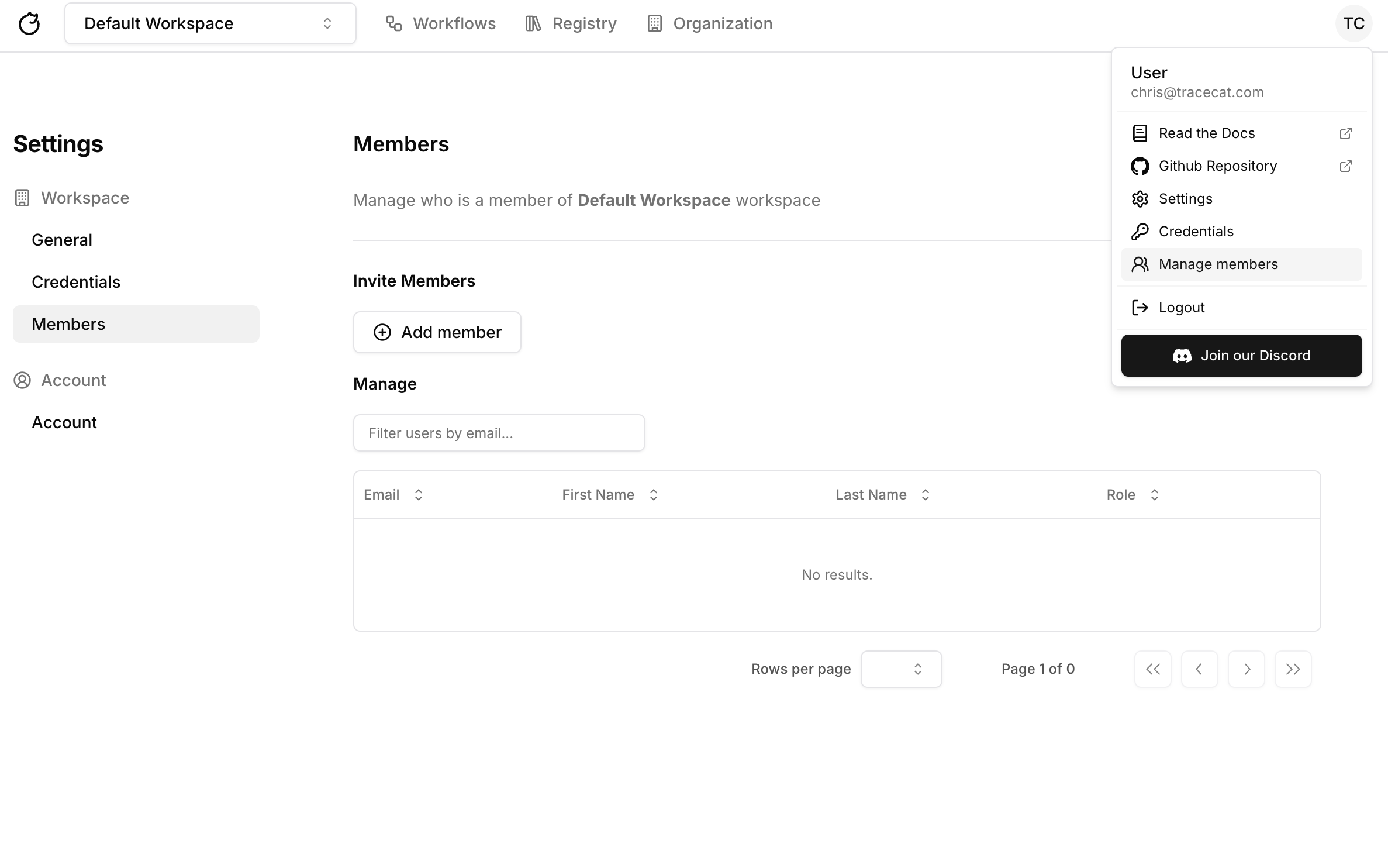 Workspace member
settings