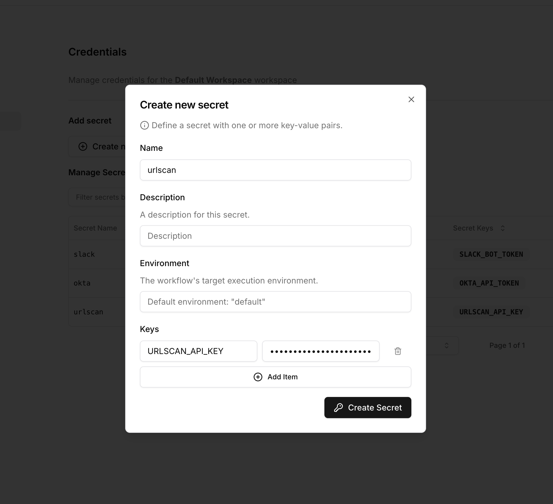 Create URLScan secret