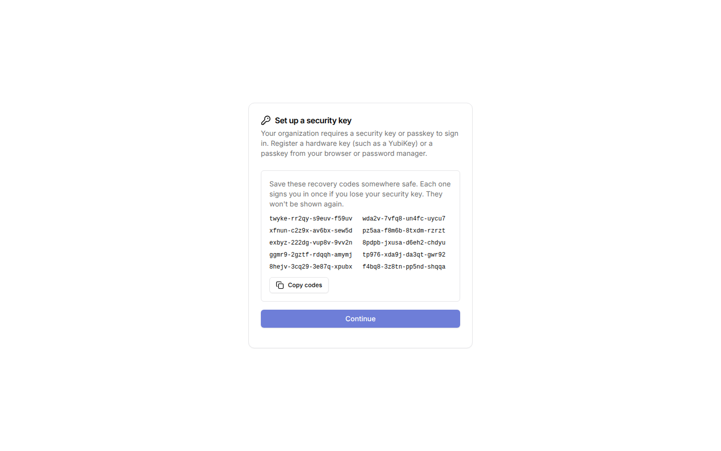 Recovery codes shown after registering a key