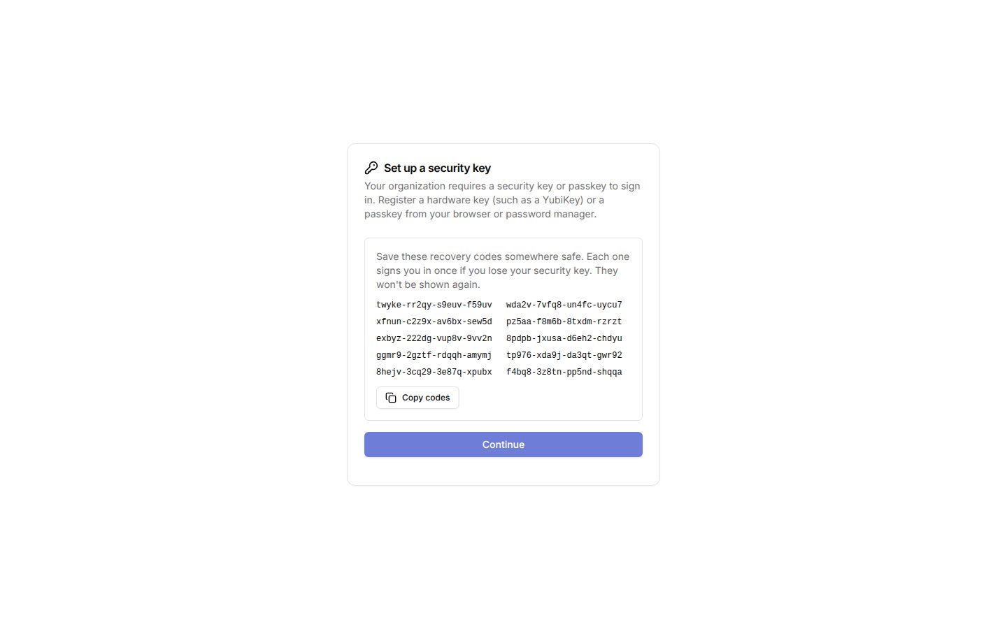 Recovery codes shown after registering a key