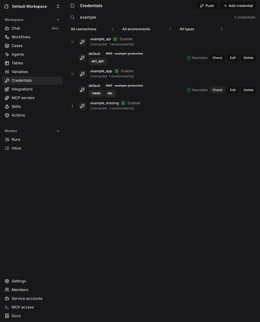 AWS-backed credentials showing Reachable checks