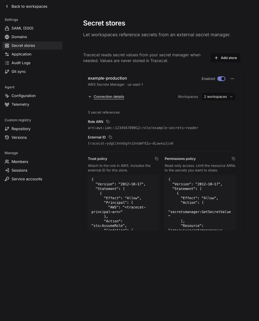 Store card with external ID, trust policy, and permissions policy