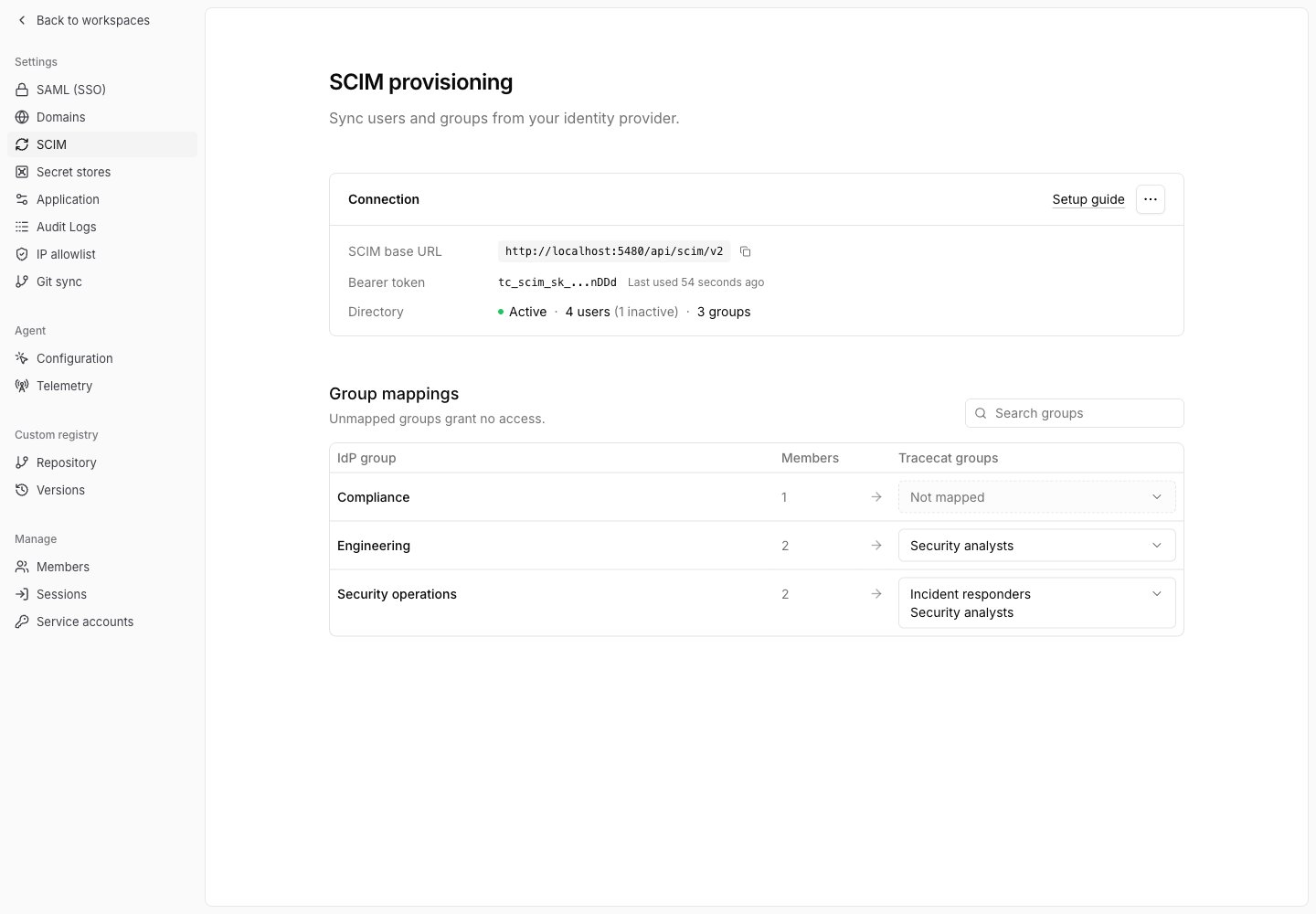 Active SCIM connection with applied group mappings