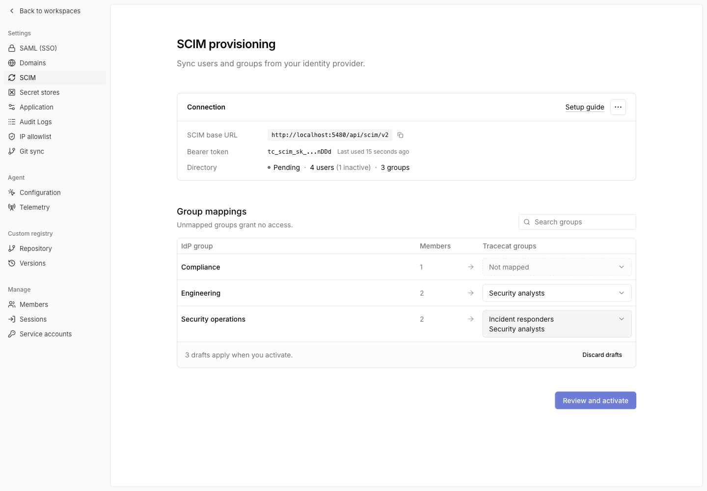 Pending SCIM connection with three draft mappings and one unmapped IdP group
