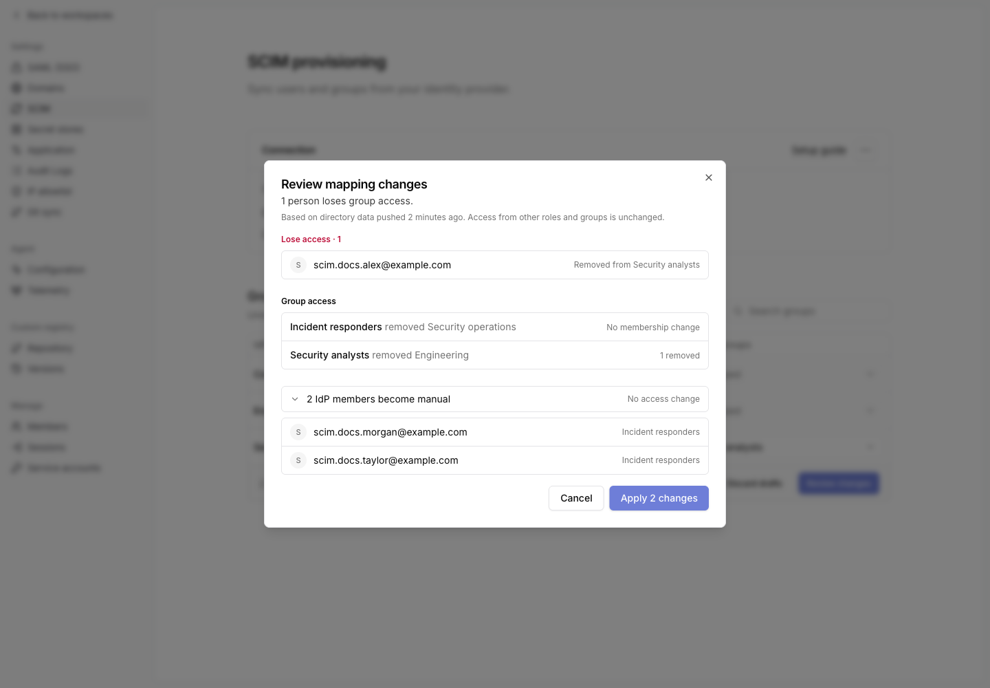Review of active mapping changes showing access removal and conversion to manual membership