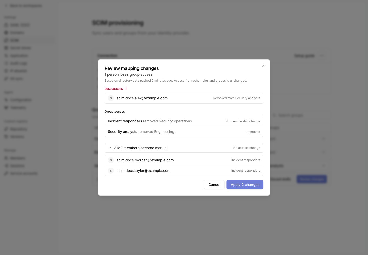 Review of active mapping changes showing access removal and conversion to manual membership