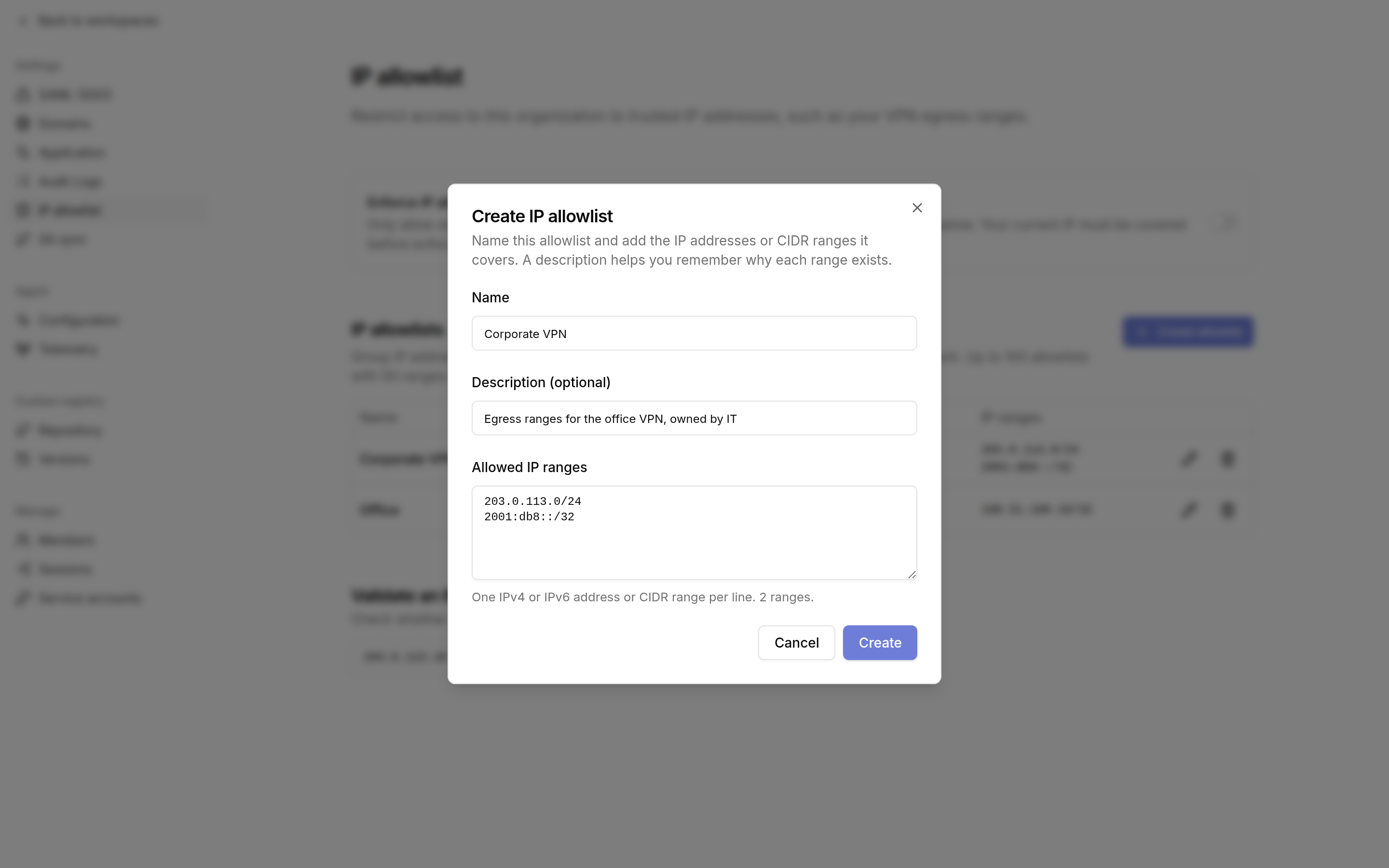 Create IP allowlist dialog