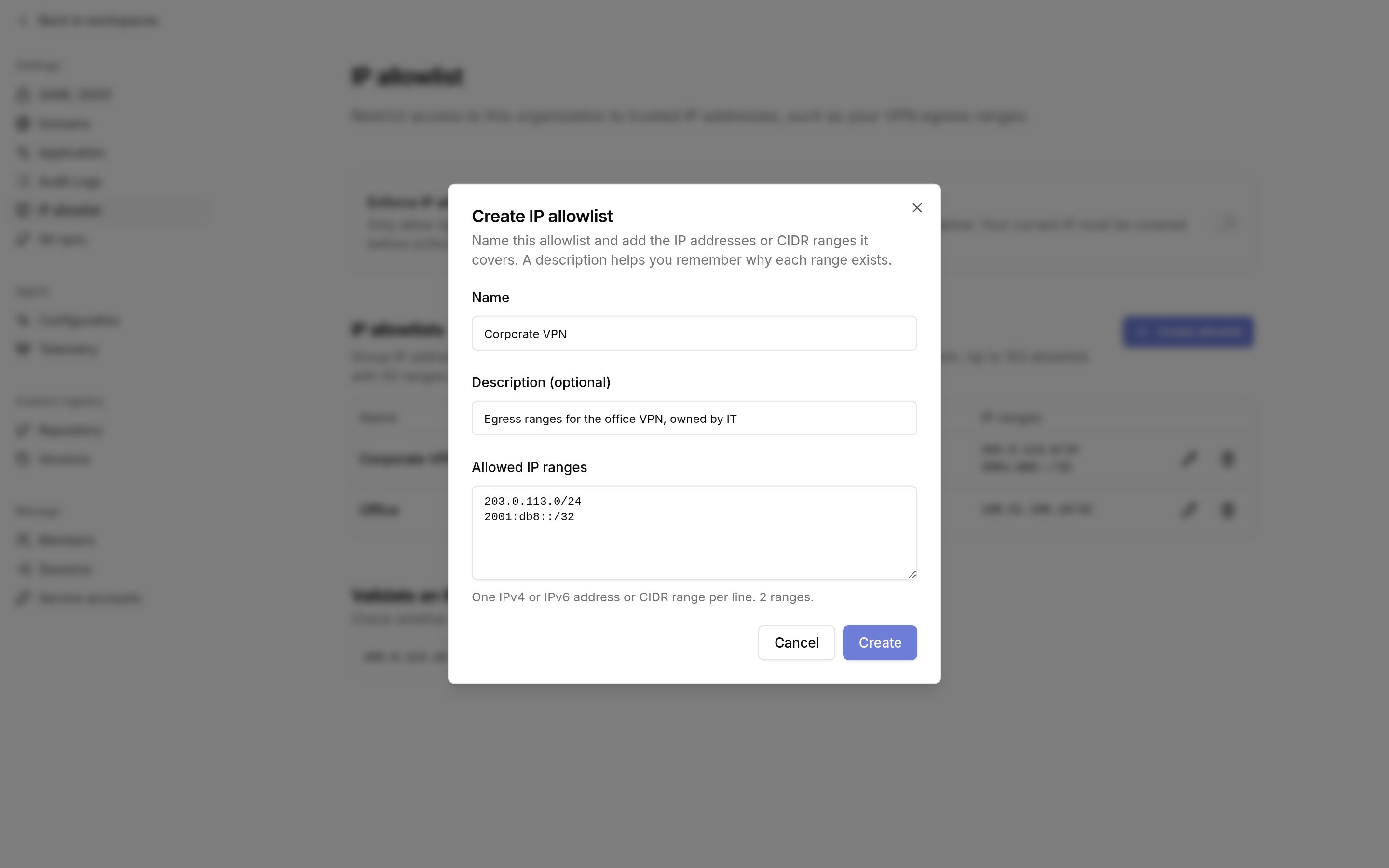 Create IP allowlist dialog