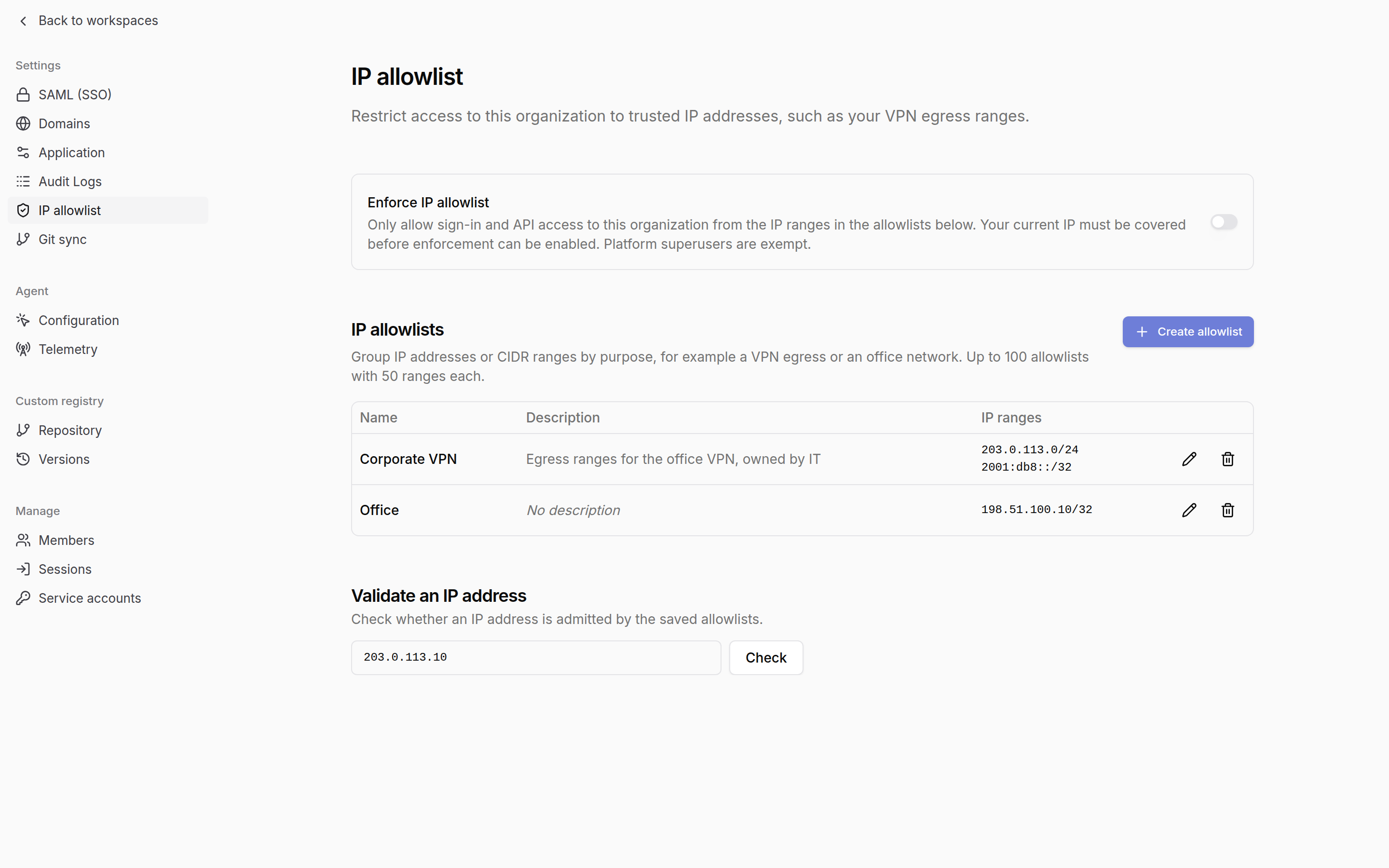 IP allowlist settings page