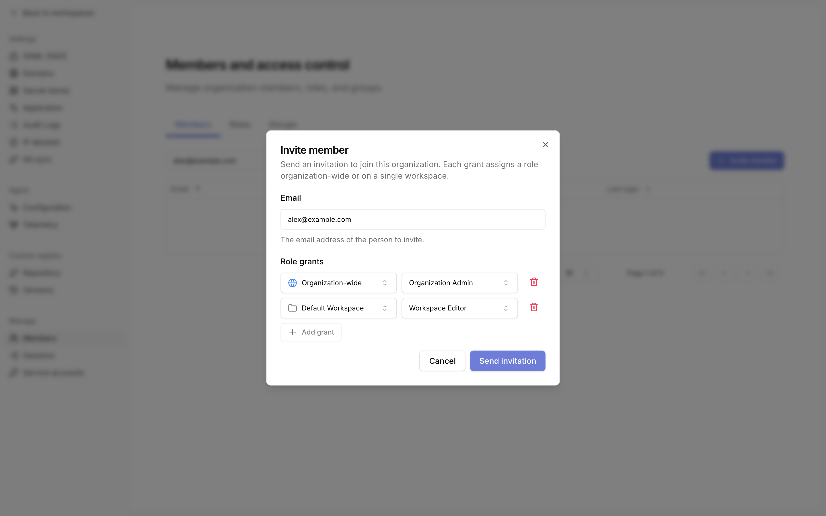 Invite member dialog with organization-wide and workspace role grants
