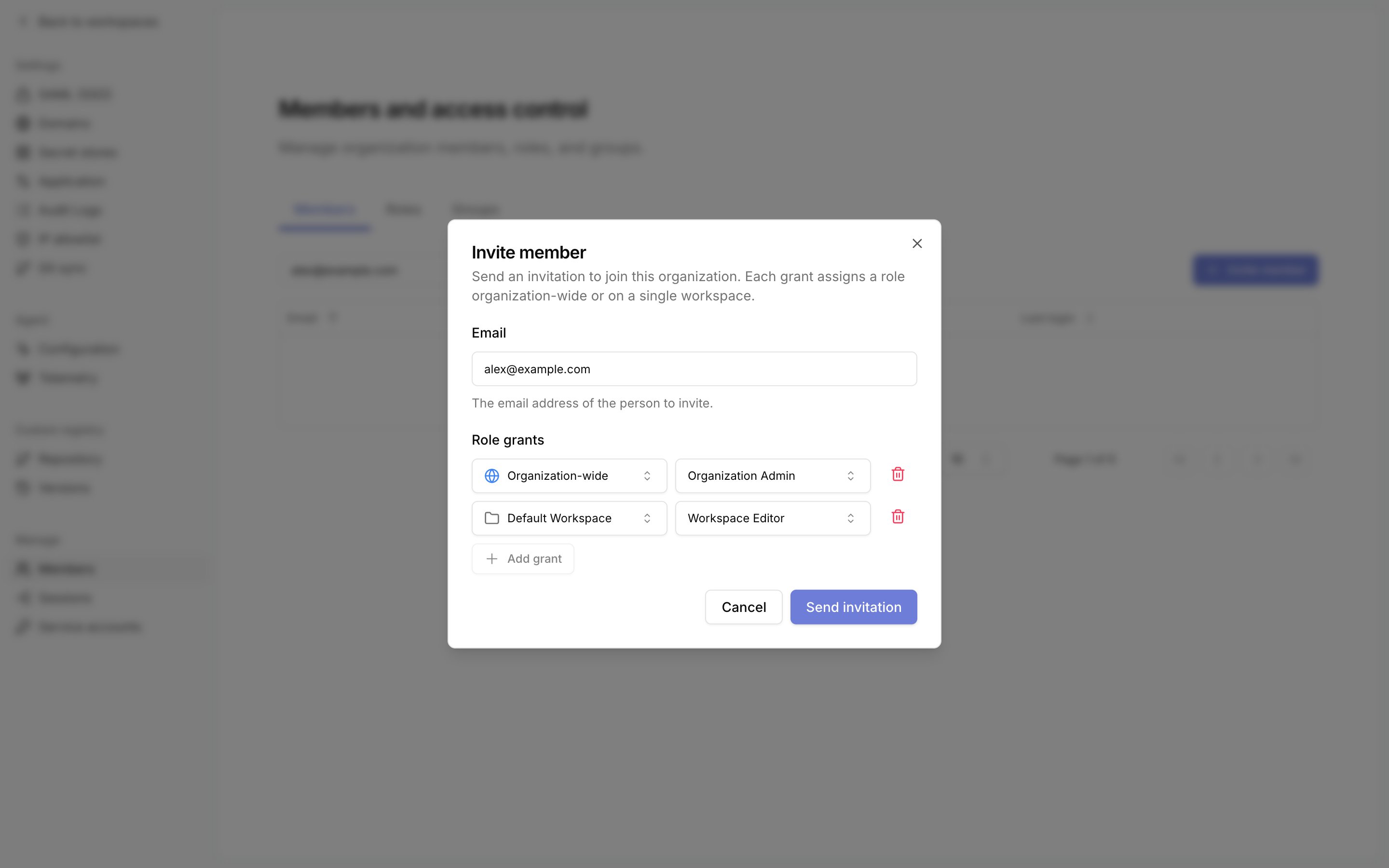 Invite member dialog with organization-wide and workspace role grants