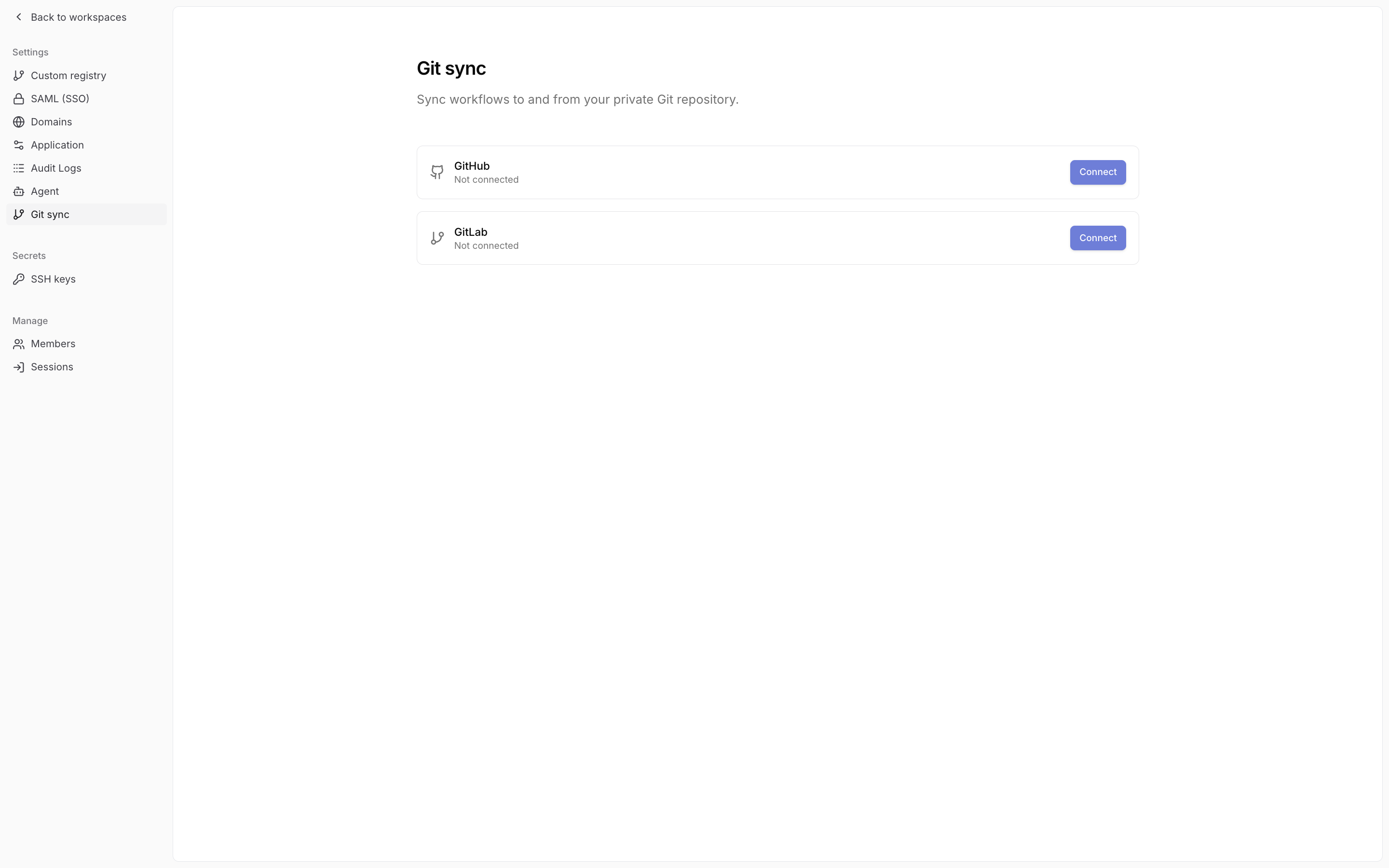 Git sync settings page