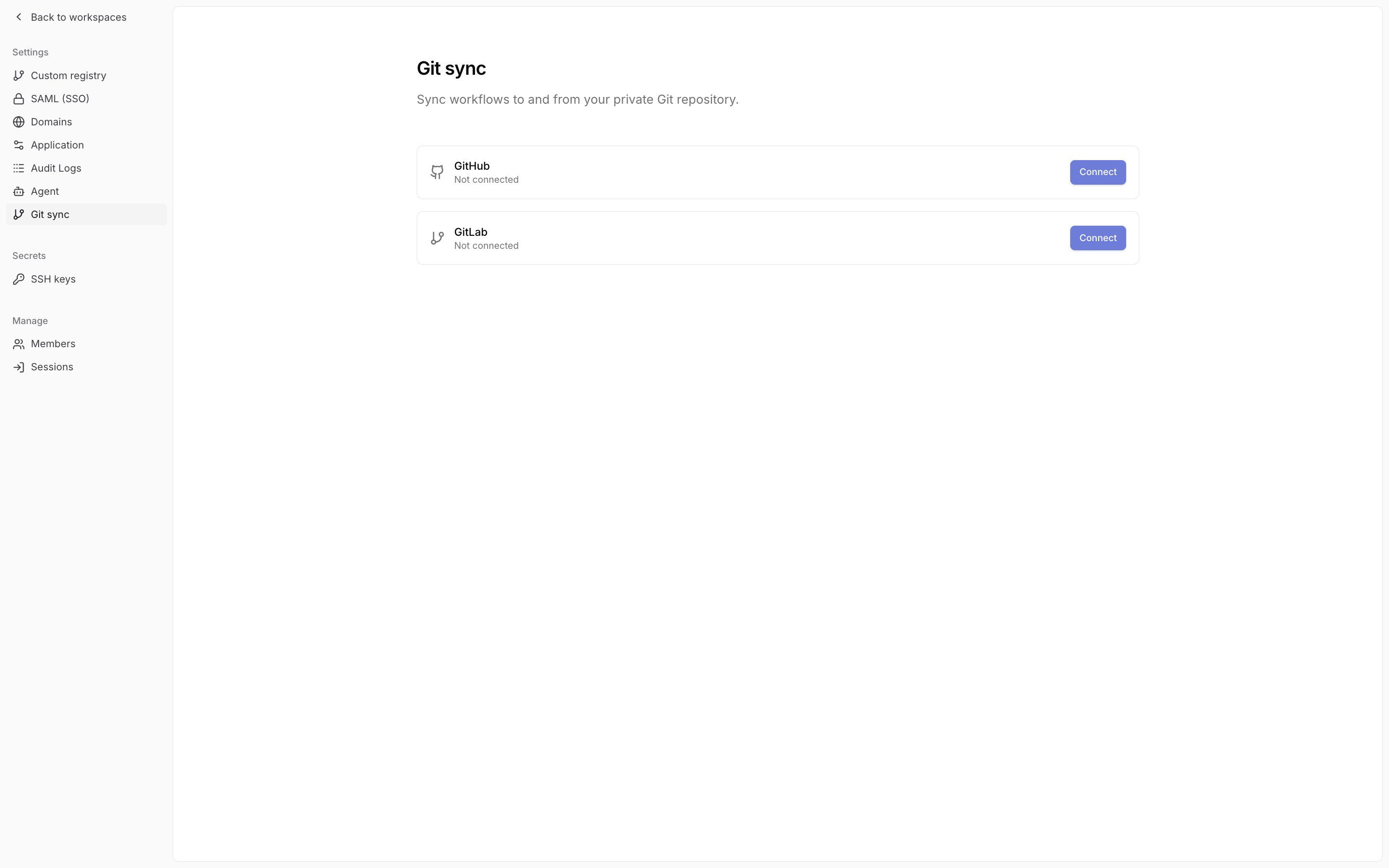 Git sync settings page