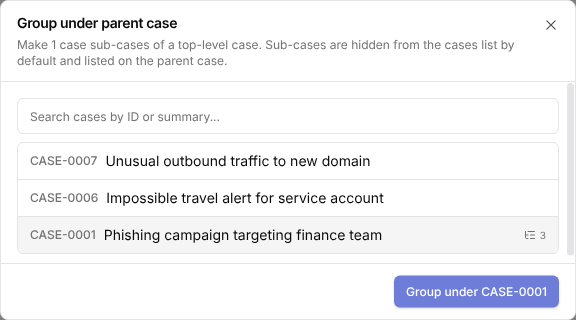 Group under parent case dialog