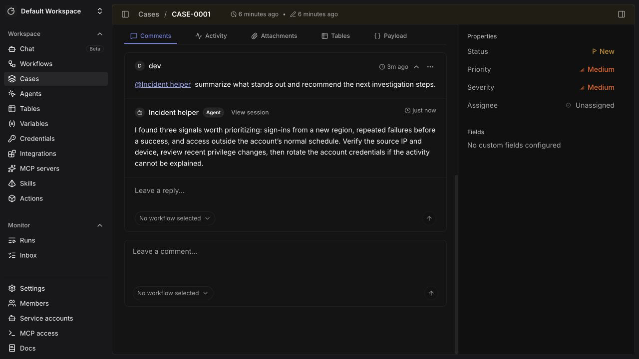 Agent activity and reply in a comment thread