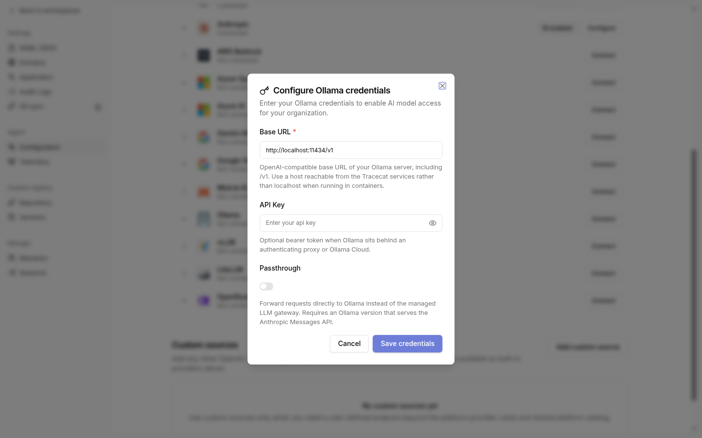Configure Ollama credentials dialog with base URL, API key, and passthrough fields