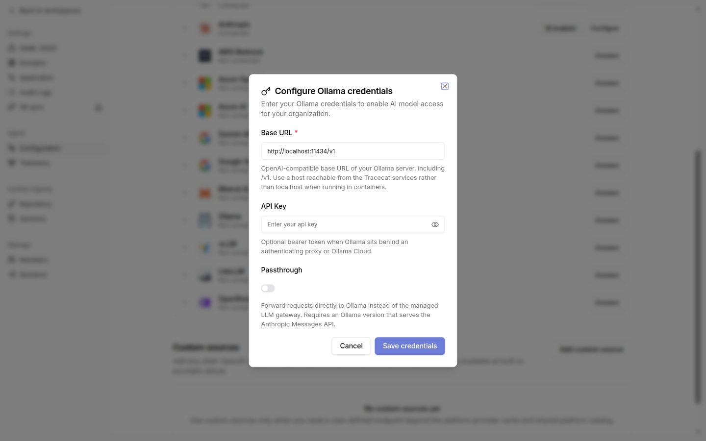 Configure Ollama credentials dialog with base URL, API key, and passthrough fields