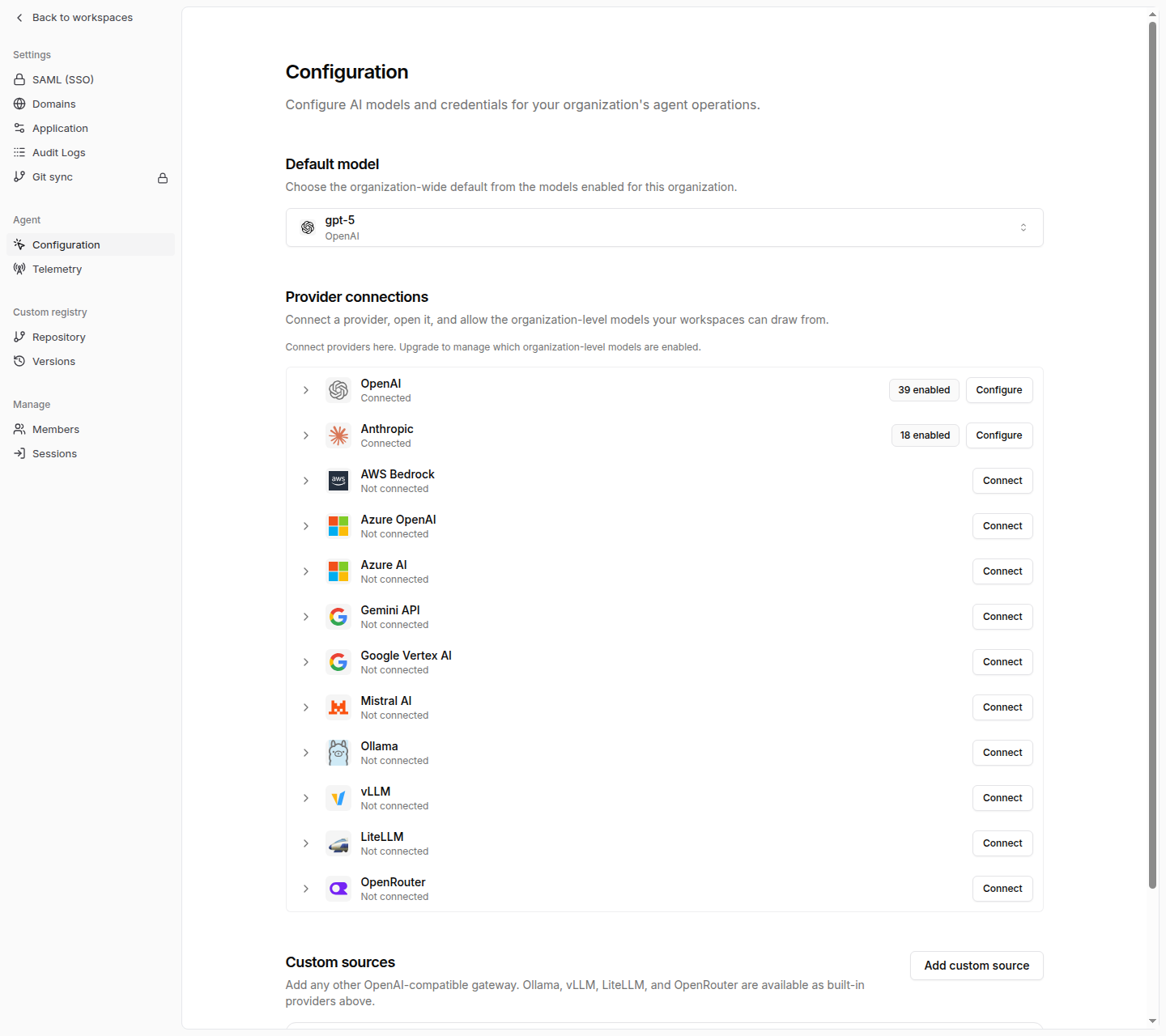 Agent configuration page showing the default model selector and provider connections