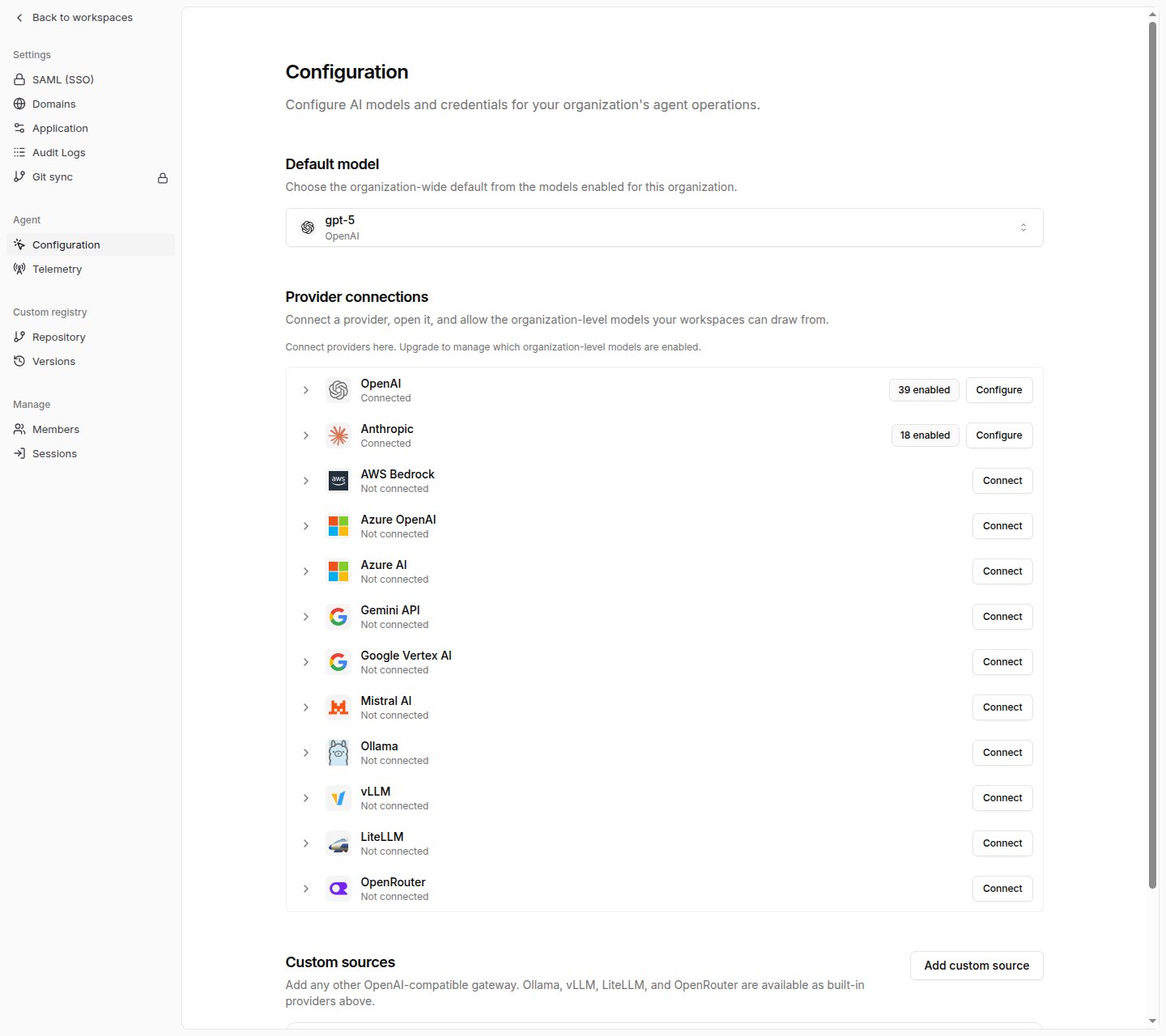 Agent configuration page showing the default model selector and provider connections