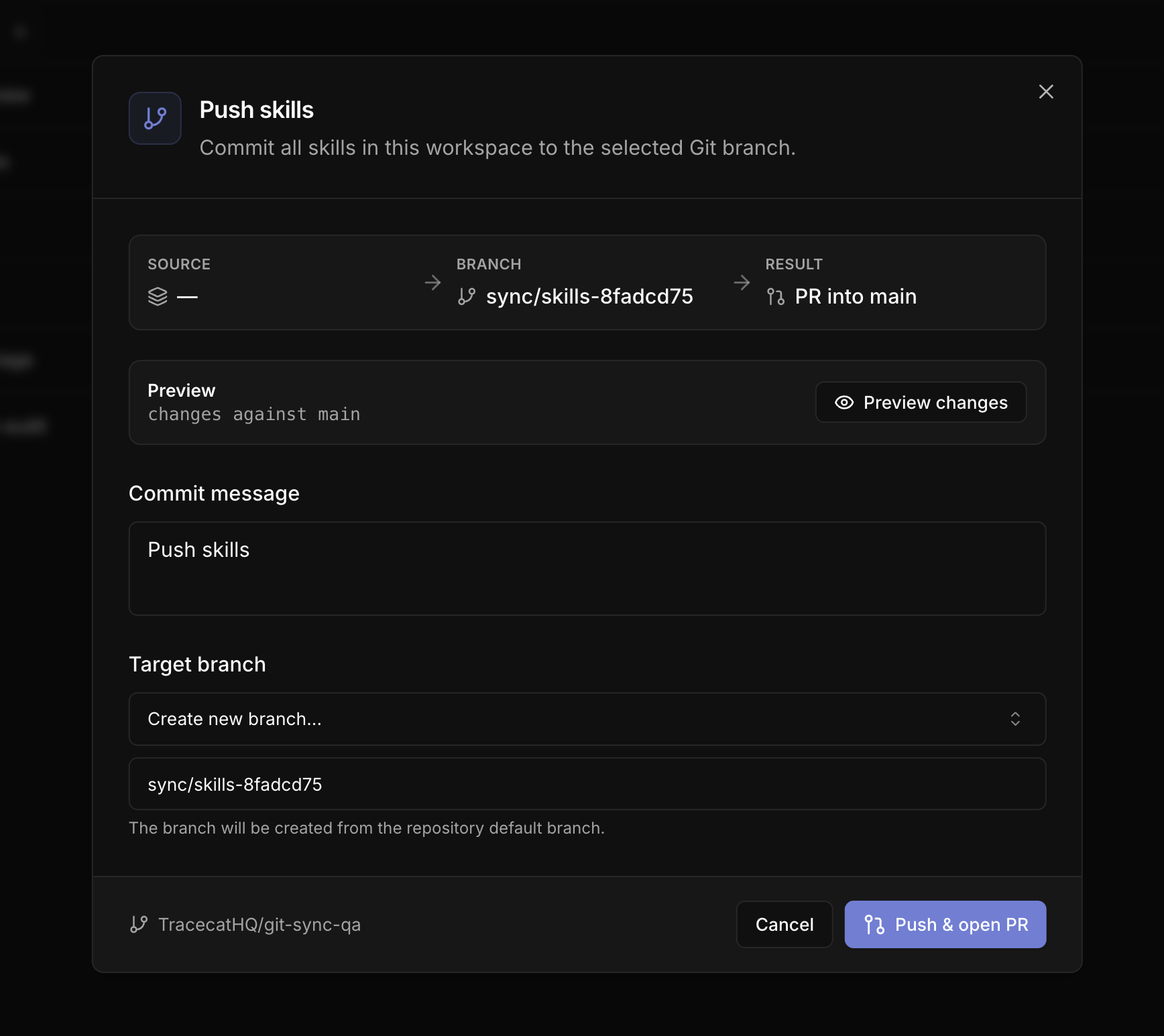 Push skills dialog showing the source, target branch, and resulting pull request
