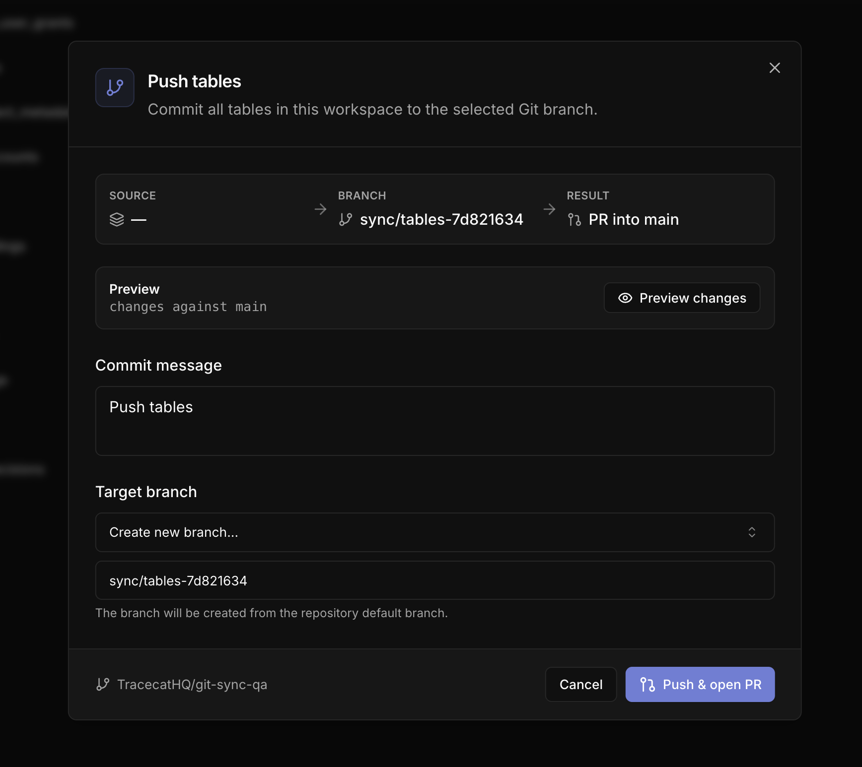 Push tables dialog showing the source, target branch, and resulting pull request
