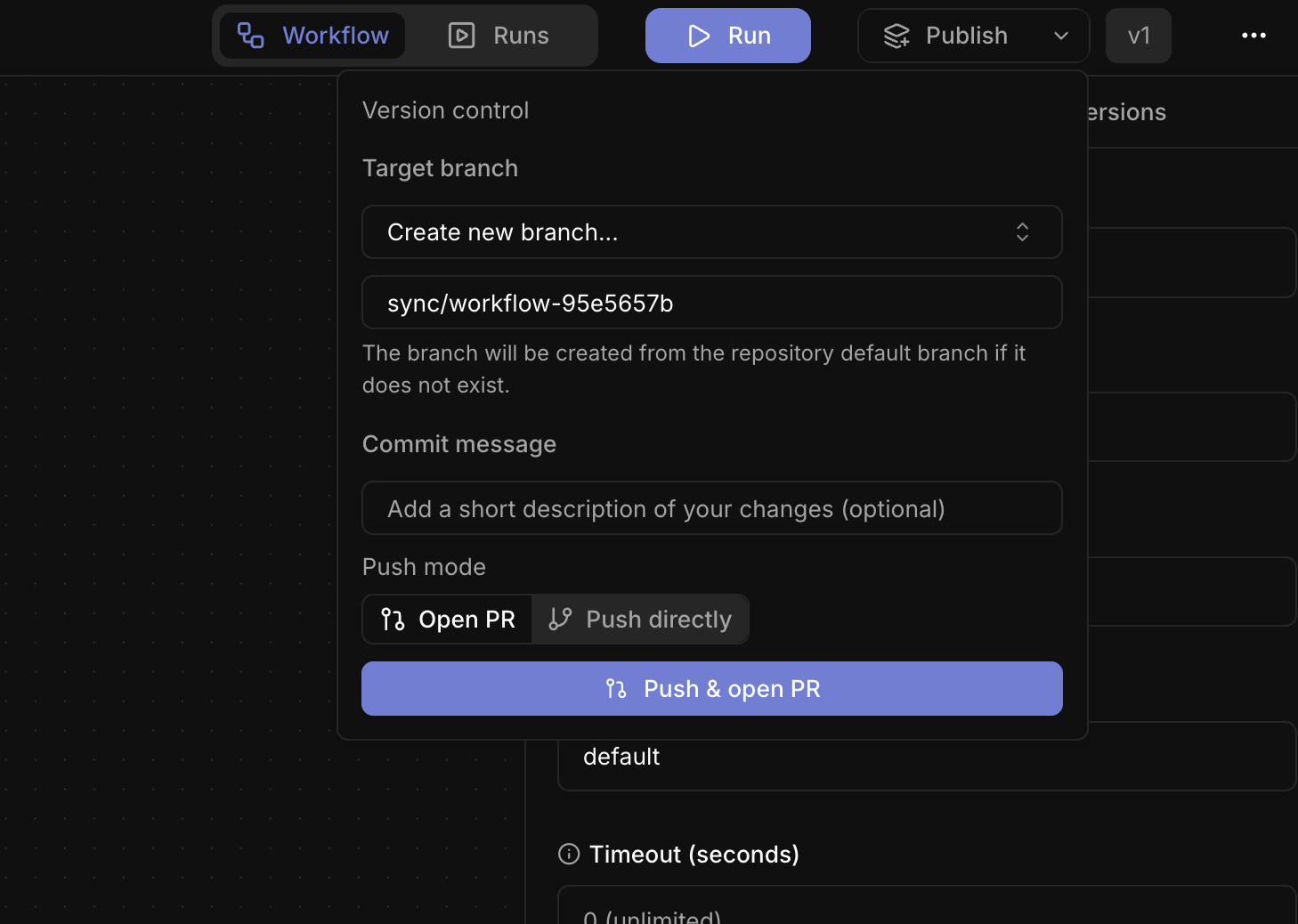 Workflow builder Publish dropdown with Open PR and Push directly options
