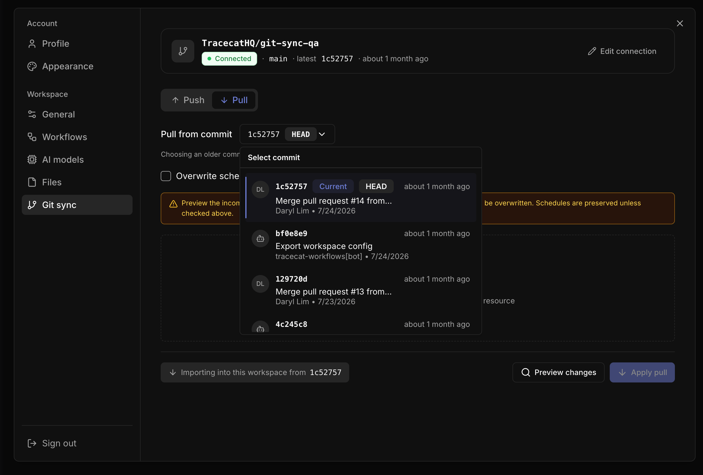 Workspace settings Git sync Pull tab with commit selector and preview
