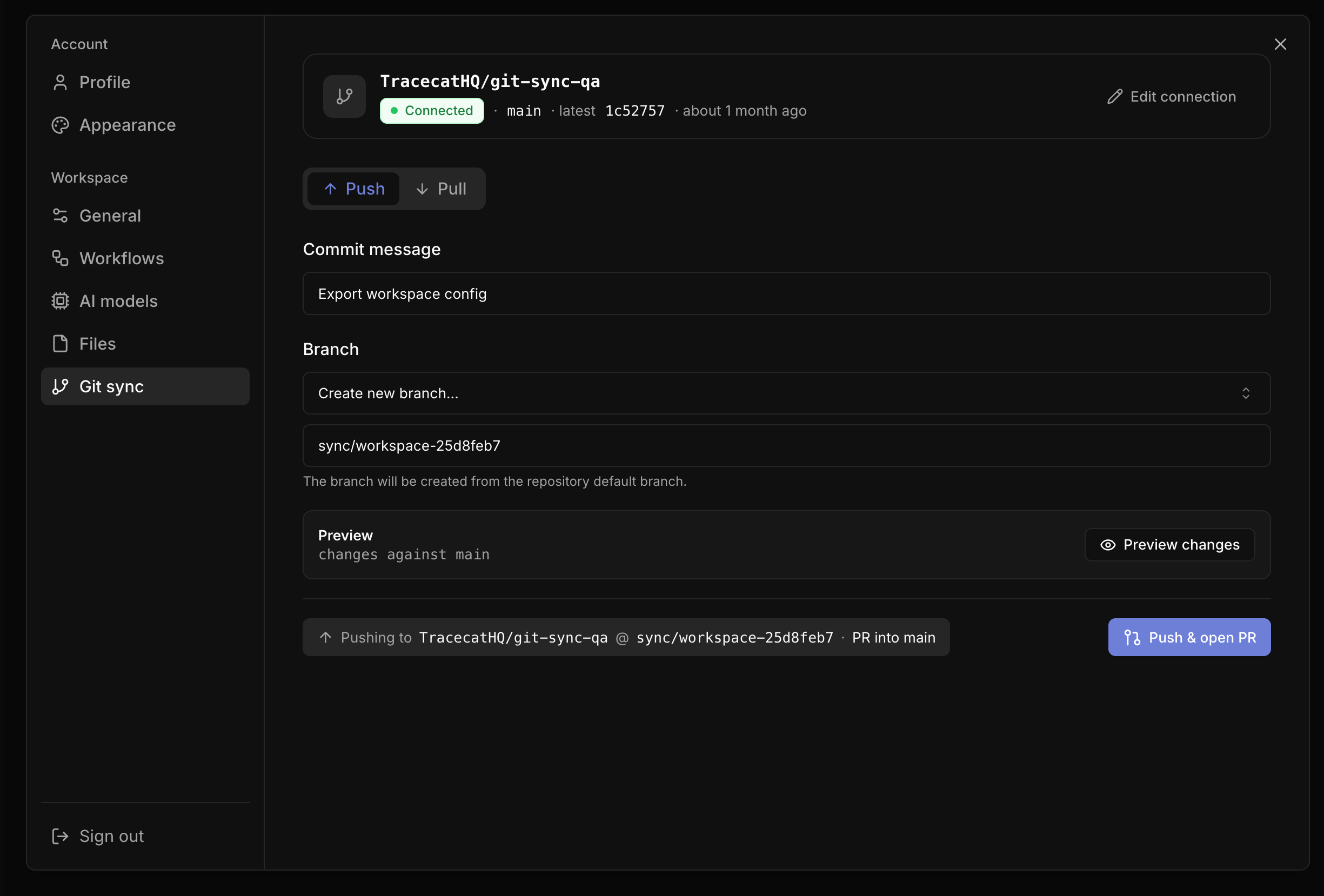 Workspace settings Git sync Push tab with commit message and branch fields