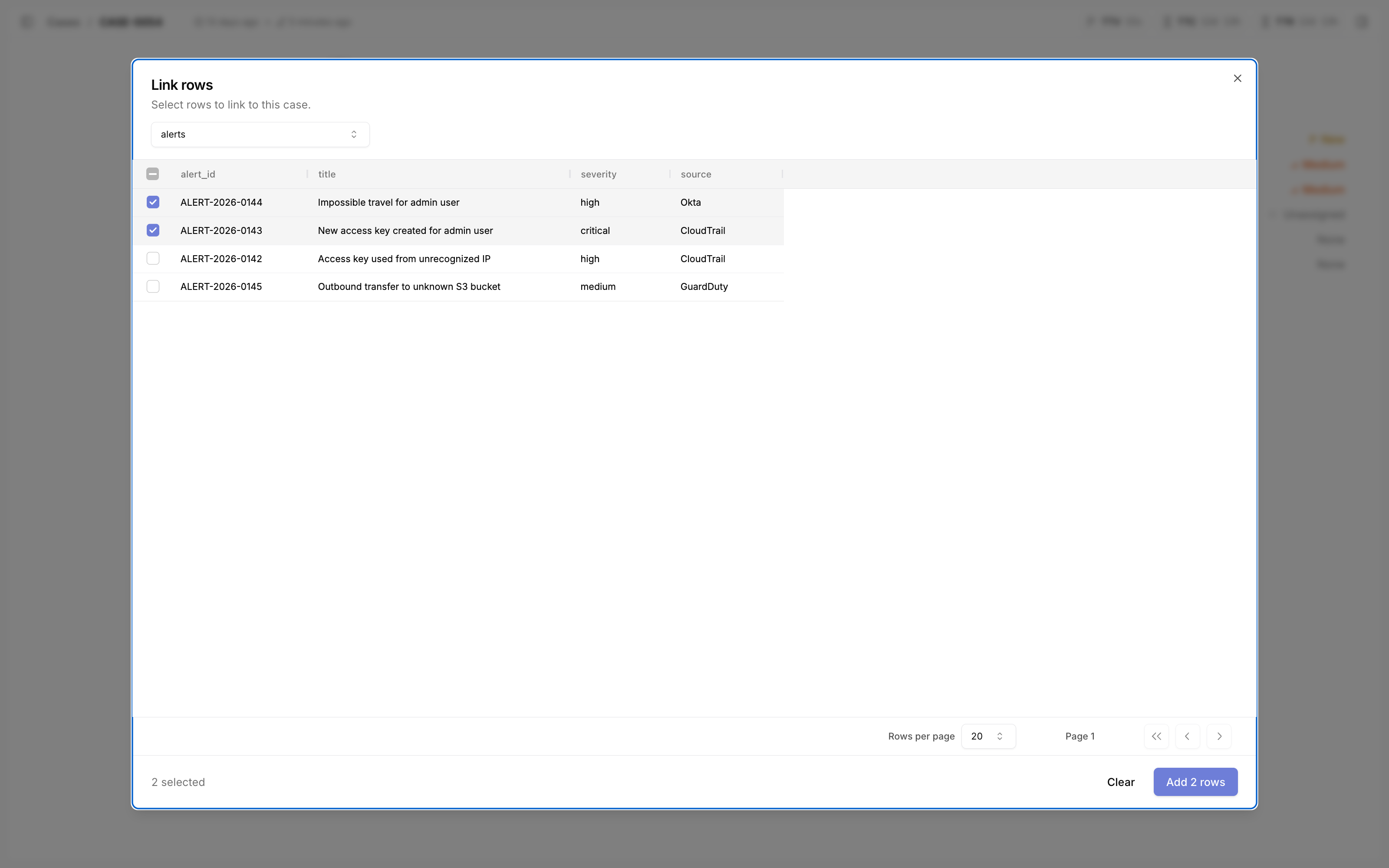 Link rows dialog