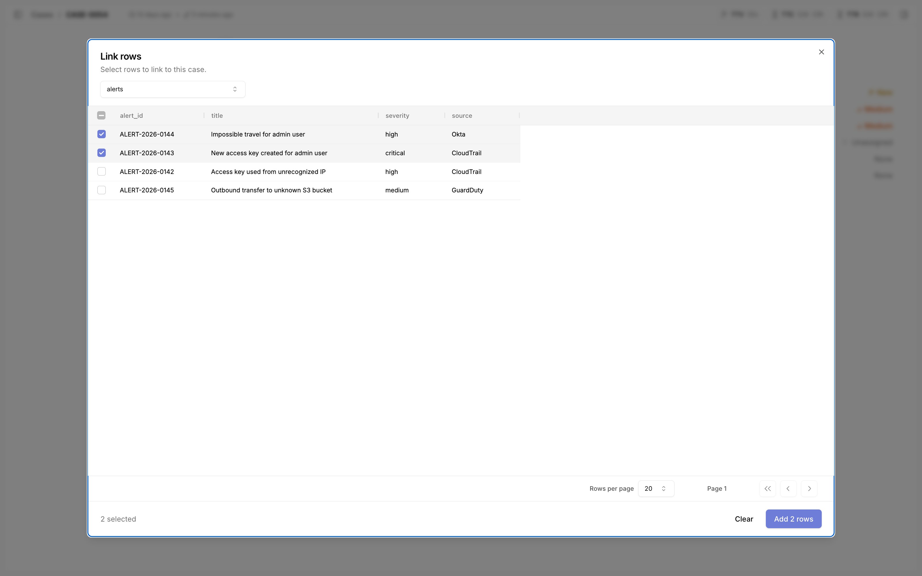 Link rows dialog