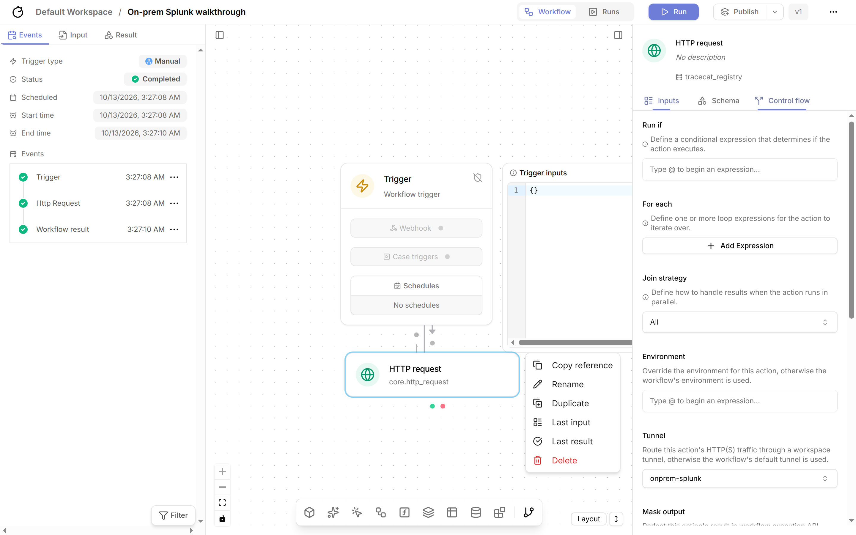 Tunnel selected in the action's Control flow tab