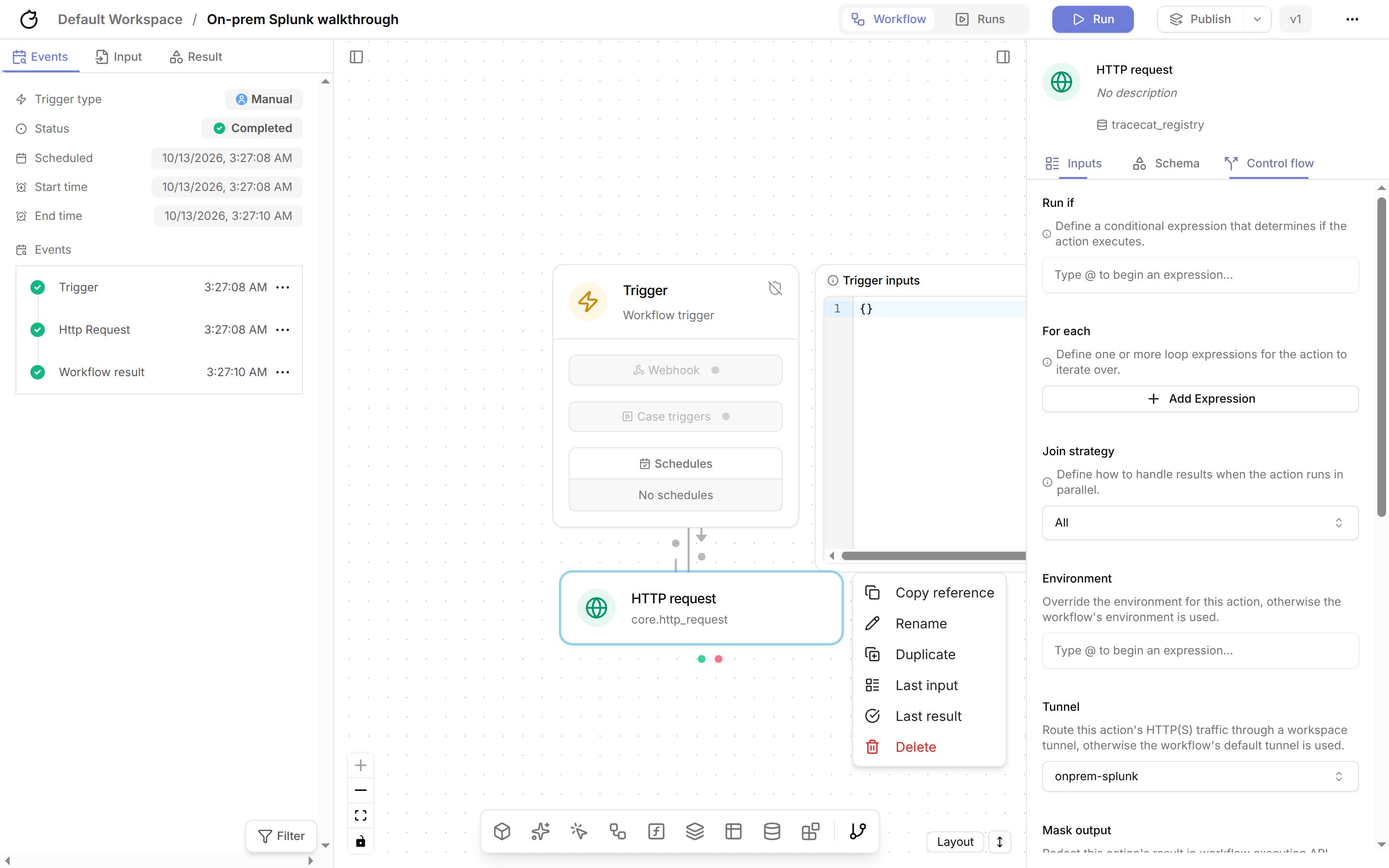 Tunnel selected in the action's Control flow tab